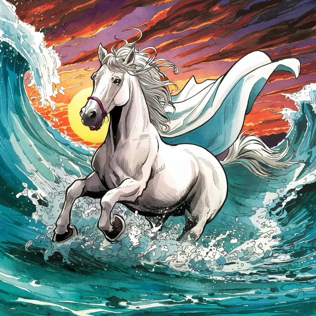 The adventures of a white horse splashing in the sea, galloping, comic book illustration, vivid colors , artistic, watercolor, cinematic style 