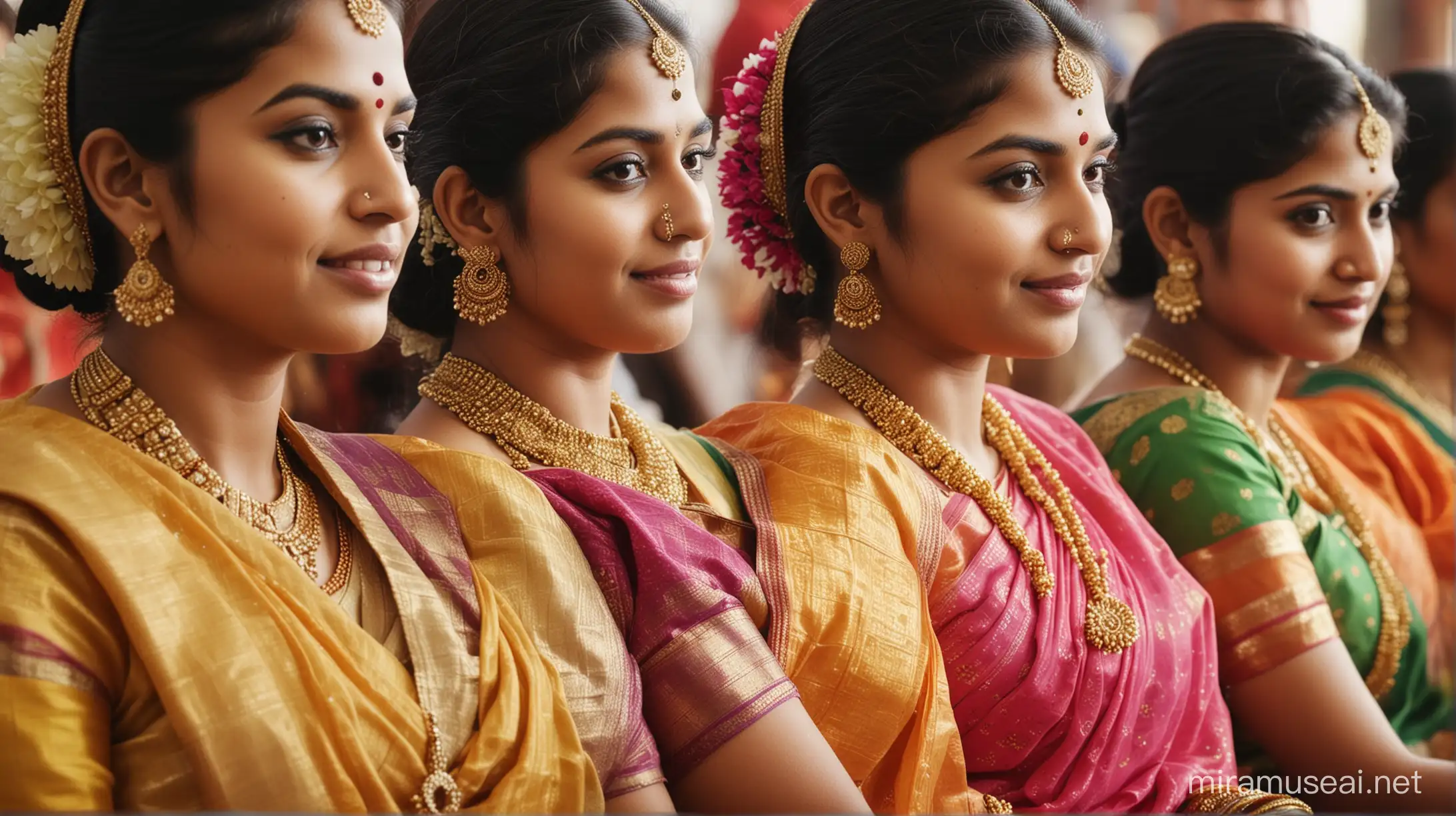 close up shot of south indian womens sitting in a event, wearing colorful sarees and jewellery, shot on canon dslr, 50mm lense, hyper realistic, hyper detailed