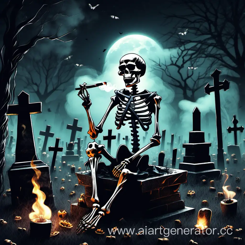 Ethereal-Night-Scene-Smoking-Skeleton-in-Cemetery