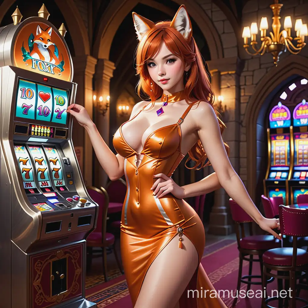狐狸美女穿着性感的衣服在城堡里，旁边是老虎机