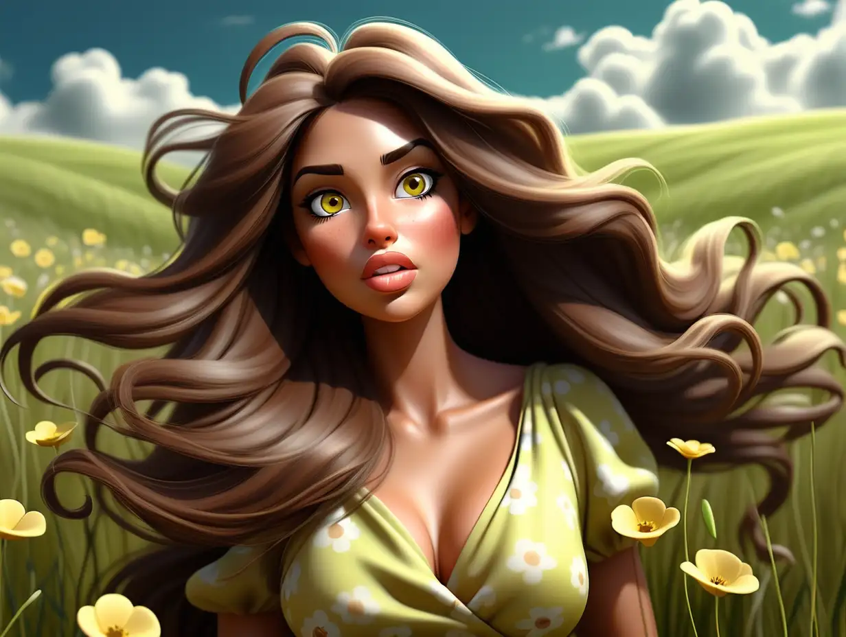 Inspiring woman and role model in her 25s, fit, healthy and really beautiful. Perfect plumpy lips and cute eyes. Brown long hair blowing in the wind with flowers in it, dark brown eyes, light brown skin. The woman is standing in a green grass field with a thin long yellow and sexy dress made of many small yellow flowers. The sky is blue with some white clouds. Photorealistic.