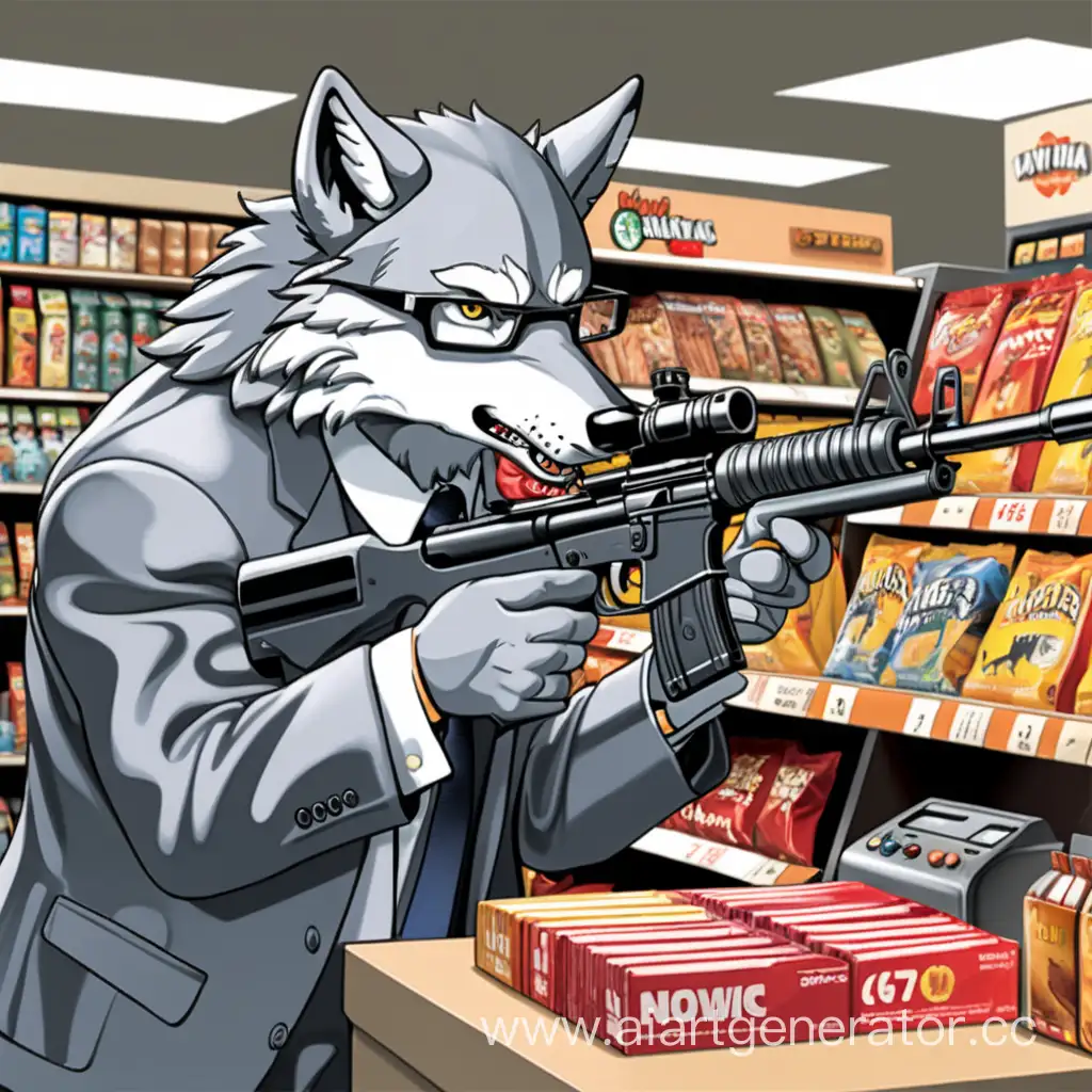 Волк целиться из автомата в продавца магазина 