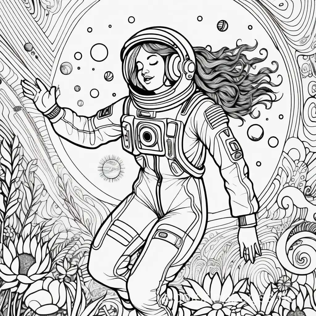 A vibrant display captures the essence of a psytrance universe in black and white linework for coloring and a dressed hippie style astronaut is enjoying euphoric music with her eyes closed and dancing in the flow. The scene is filled with powerful euphoric psytrance energy and love, Coloring Page, black and white, line art, white background, Simplicity, Ample White Space. The background of the coloring page is plain white to make it easy for young children to color within the lines. The outlines of all the subjects are easy to distinguish, making it simple for kids to color without too much difficulty