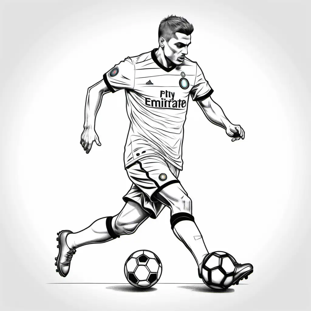 drawing coloring page for adults,  inter milan soccer player kicking a ball, no background, photo realistic,  clean line art, highly detailed,  smooth,  sharp focus, illustration, no background, black and white contrast, white, black, coloring book, , free lines, on paper, character sheet, 8k