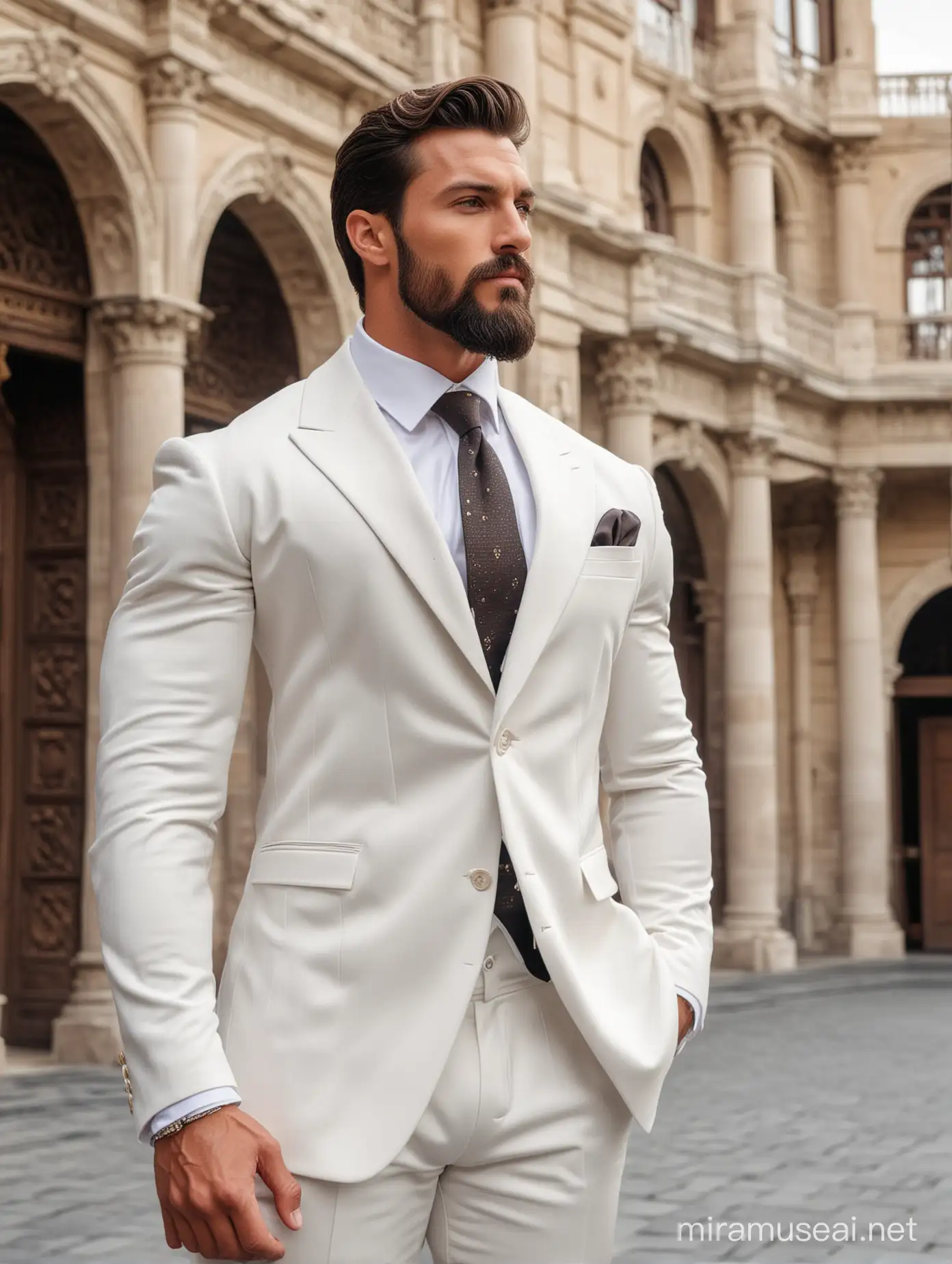 Tall and handsome bodybuilder men with beautiful hairstyle and beard with attractive eyes and Big wide shoulder and chest in white suit and standing outside palace 