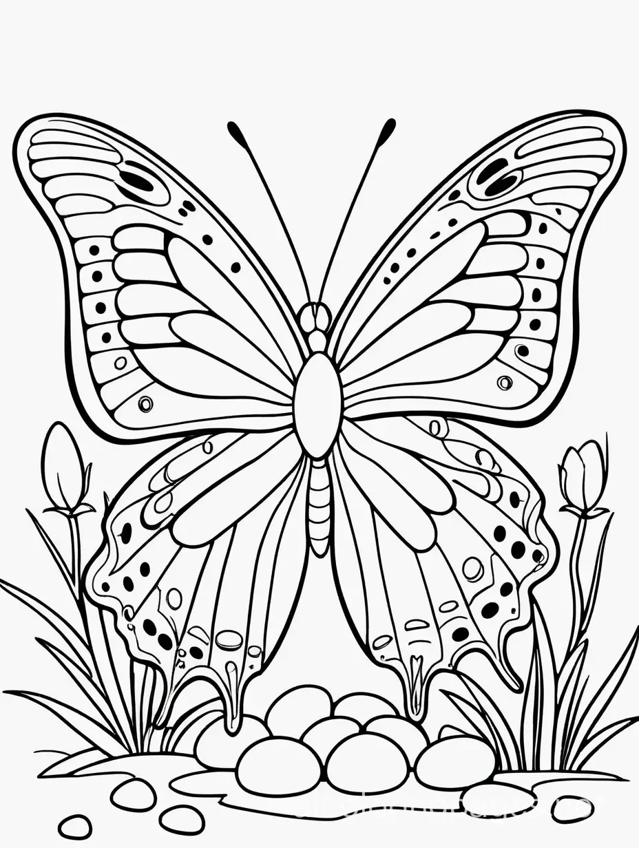butterfly laying eggs, Coloring Page, black and white, line art, white background, Simplicity, Ample White Space. The background of the coloring page is plain white to make it easy for young children to color within the lines. The outlines of all the subjects are easy to distinguish, making it simple for kids to color without too much difficulty