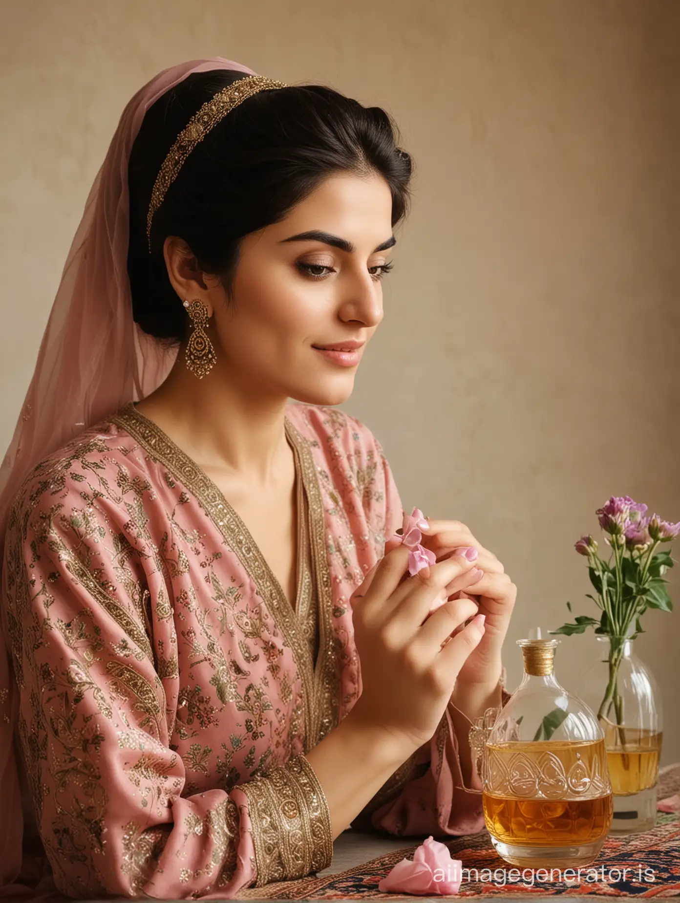 a persian women who is perfuming in the simple background