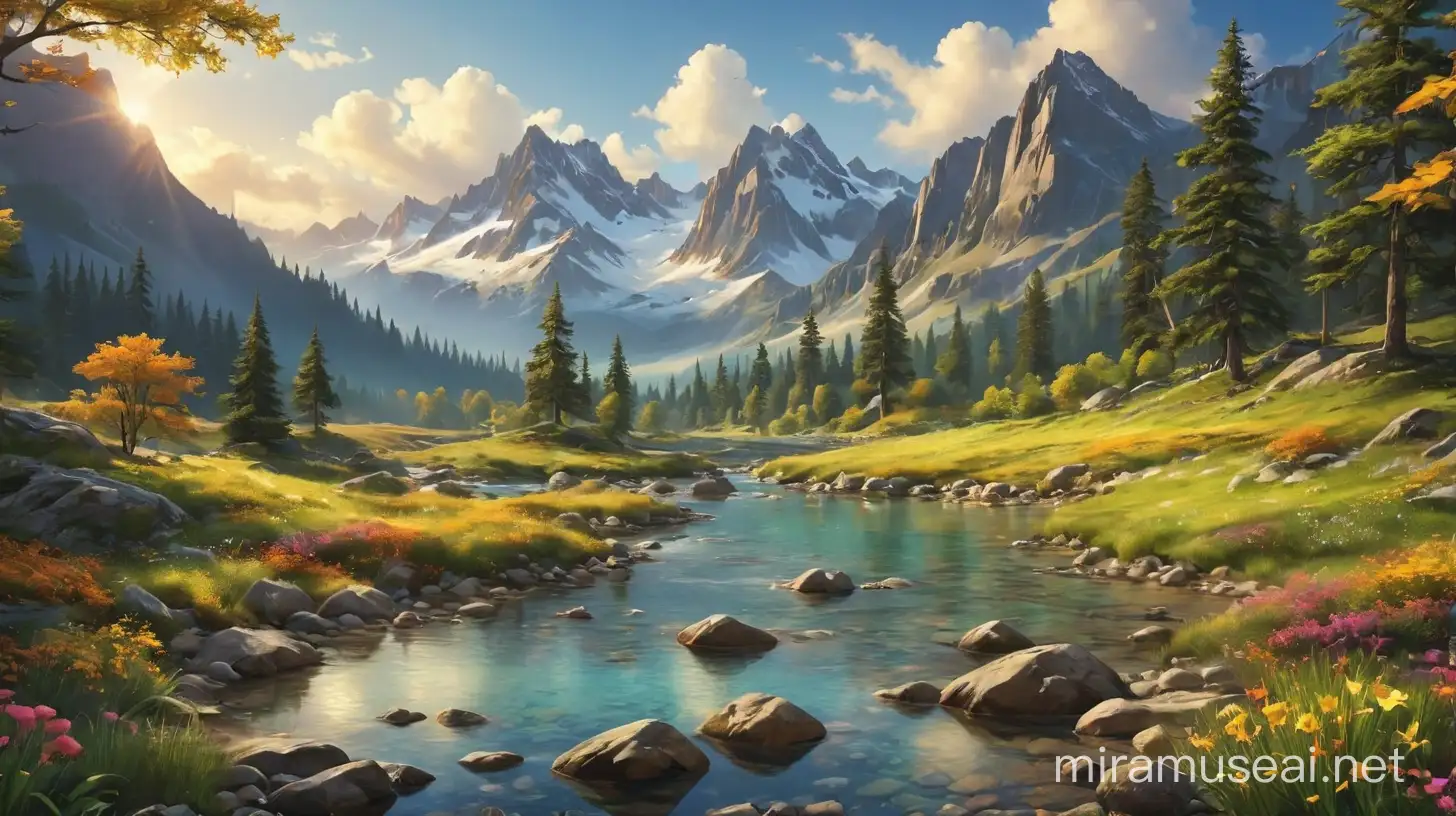 Tranquil Nature Landscape with Majestic Mountains and Serene Lake