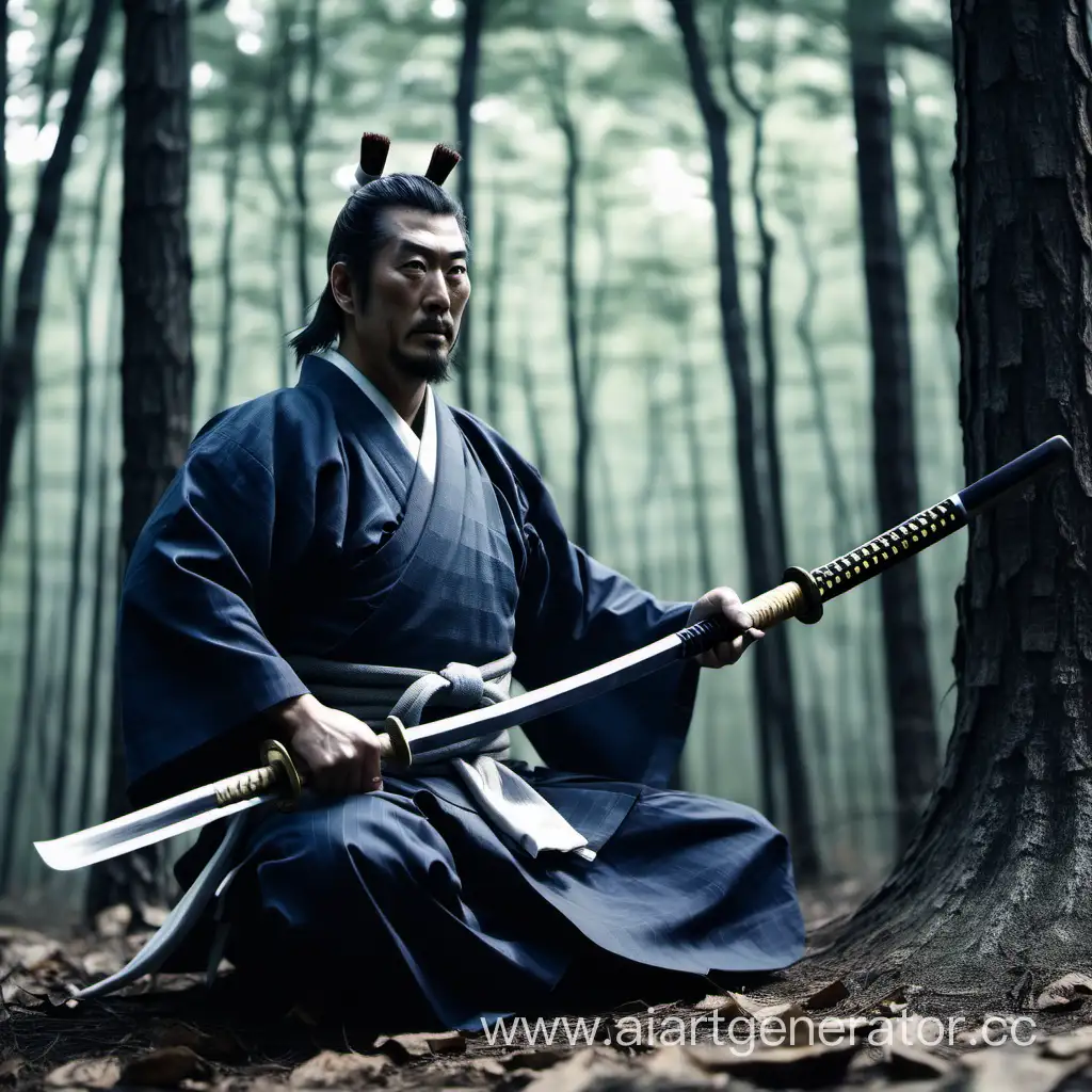 The samurai with a nodachi sitting in the forest