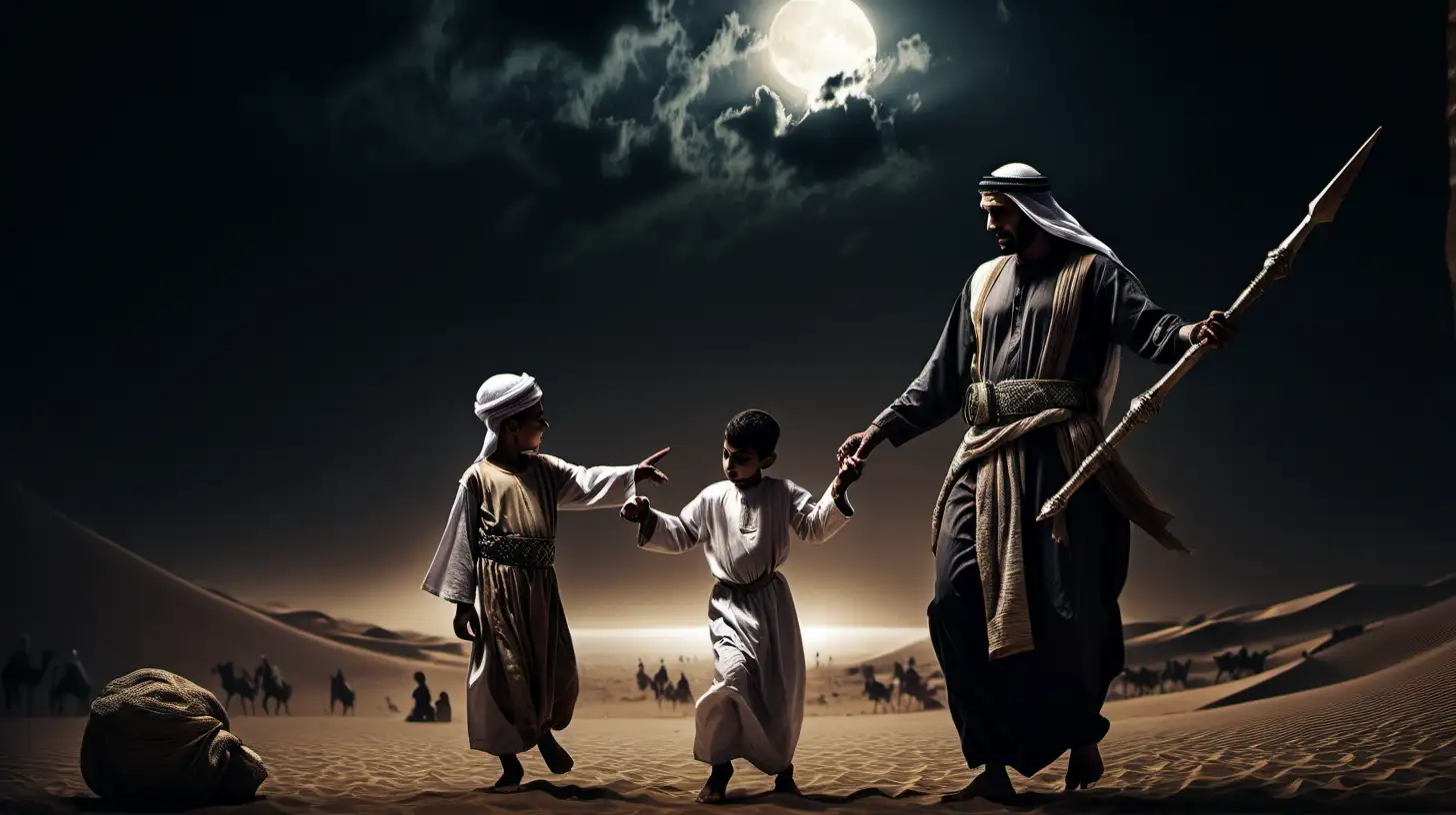 A dark landscape image of an ancient arab society deeply connected to islam, an ancient muslim warrior playing with his children

 16:9 