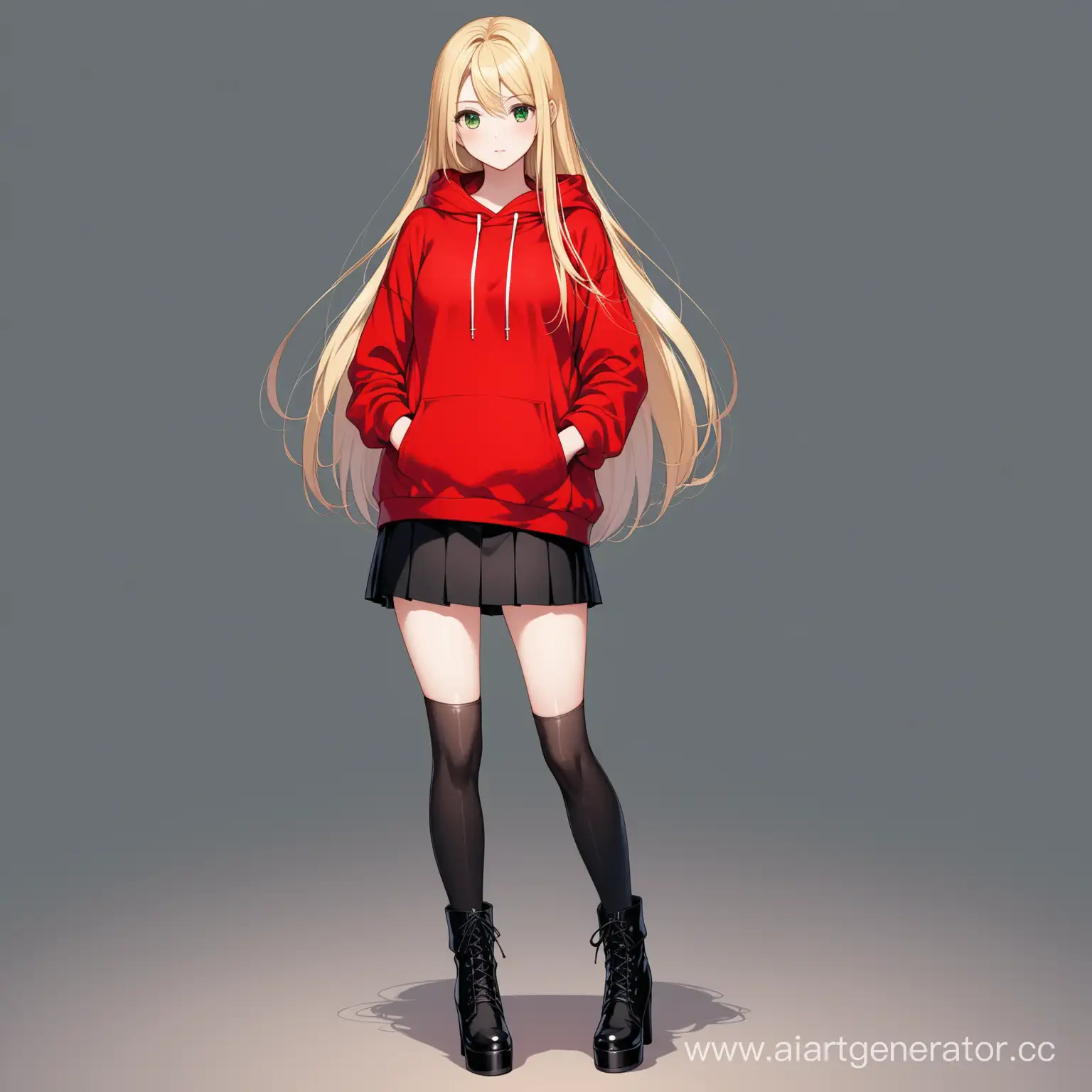 a beautiful girl, long blonde straight hair, green eyes, She is wearing a red hoodie and a black skirt and black heeled boots