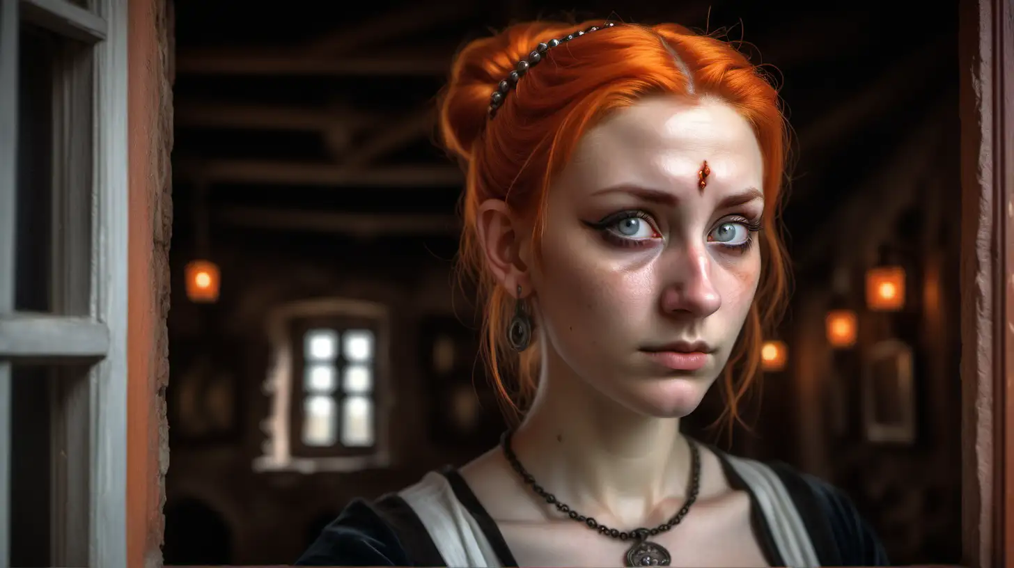 female barmaid, sorrowful expression showing that she just lost a loved one, gray eyes, cute, strong, crooked nose, amulet necklace, small stud earrings, bright orange hair in a tight bun, detailed eyes, detailed face, medieval fantasy, small inn bedroom, open window, standing looking out the window, super detailed, hyper realistic photography, exterior camera position