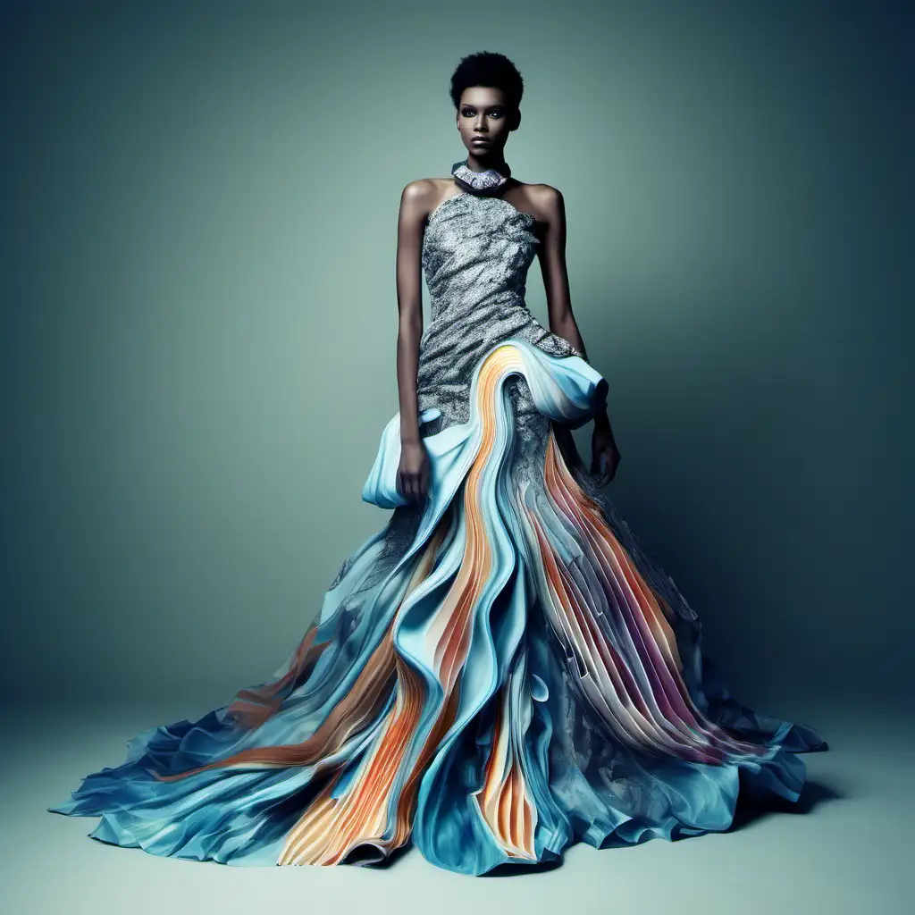 create a futuristic fashion collection of gowns showcasing the essence of elegance and luxury found in the underwater world.  emphasizing different draping styles, fullness and incorporating vibrant colors for each image. Experiment with different combinations of texture and pattern and hues to evoke the dynamic energy of movement . goal is to inspire a fresh, edgy, elaborate and over the top designs that are still chic and modern looks that celebrate individuality and self expression. draw inspiration from different collars, different sleeves, different necklines, gems on the dresses etc