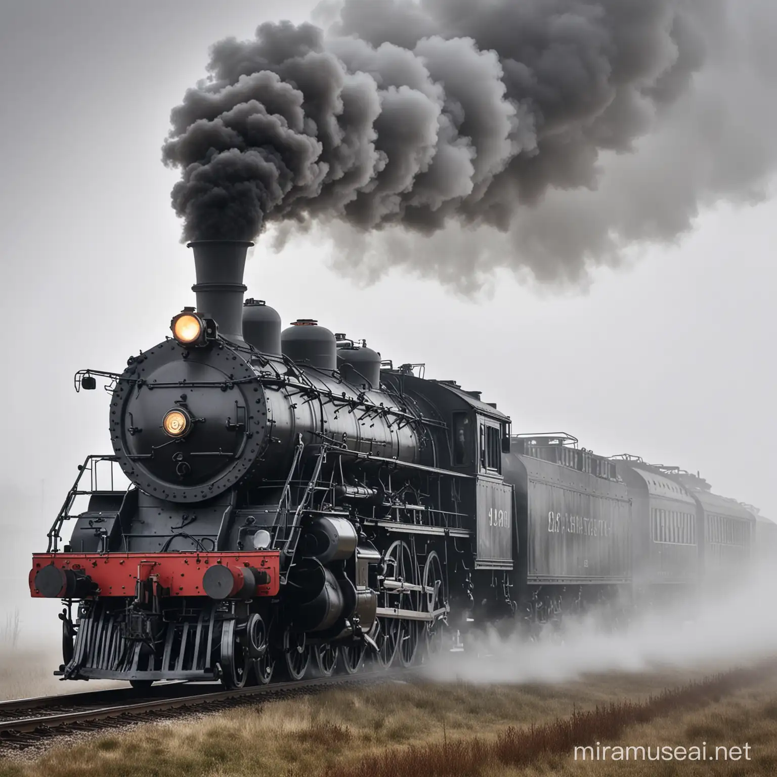 Imagine a massive black steam locomotive in fog 