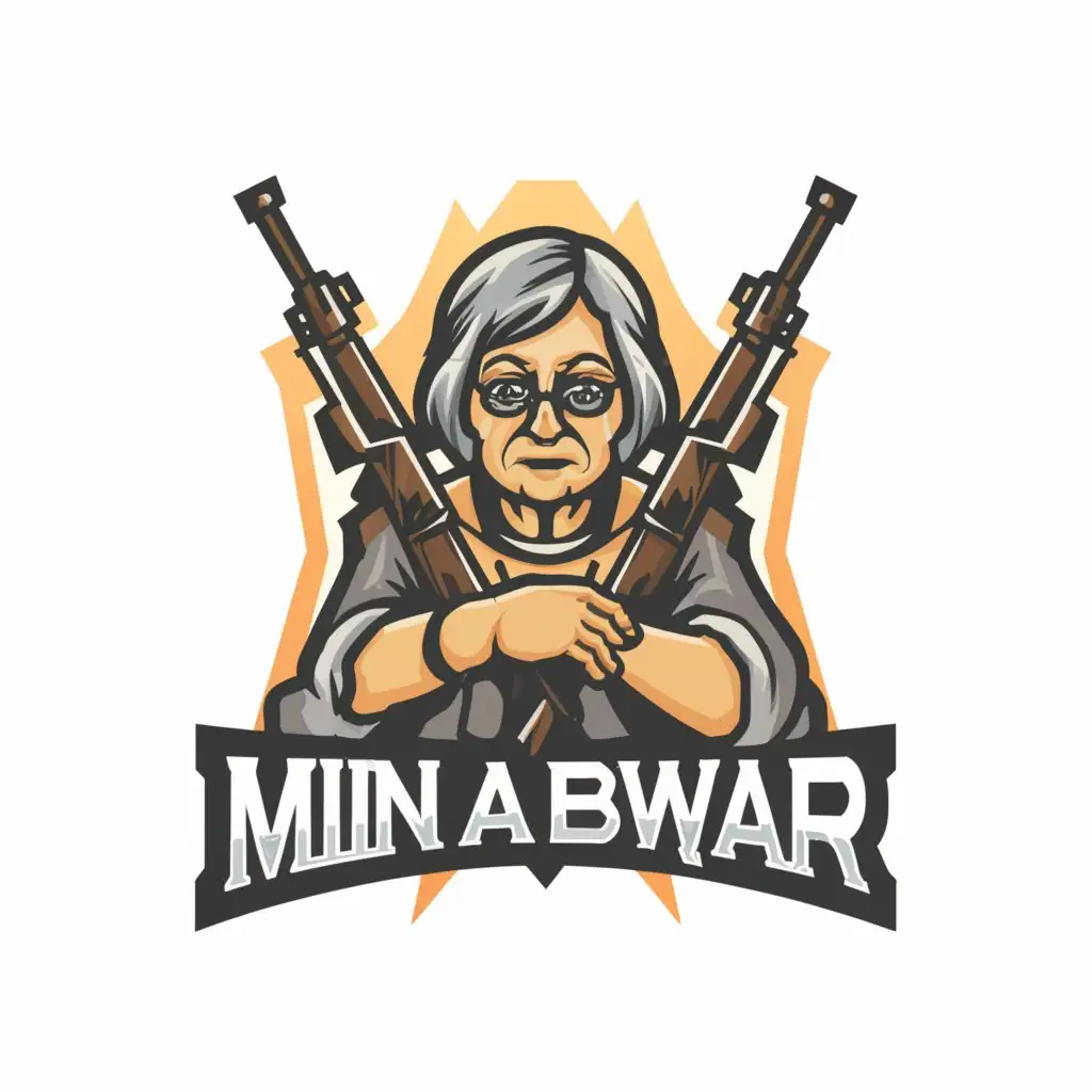 a logo design,with the text "Min A Bwar", main symbol:Grandmother holding a sniper,complex,clear background