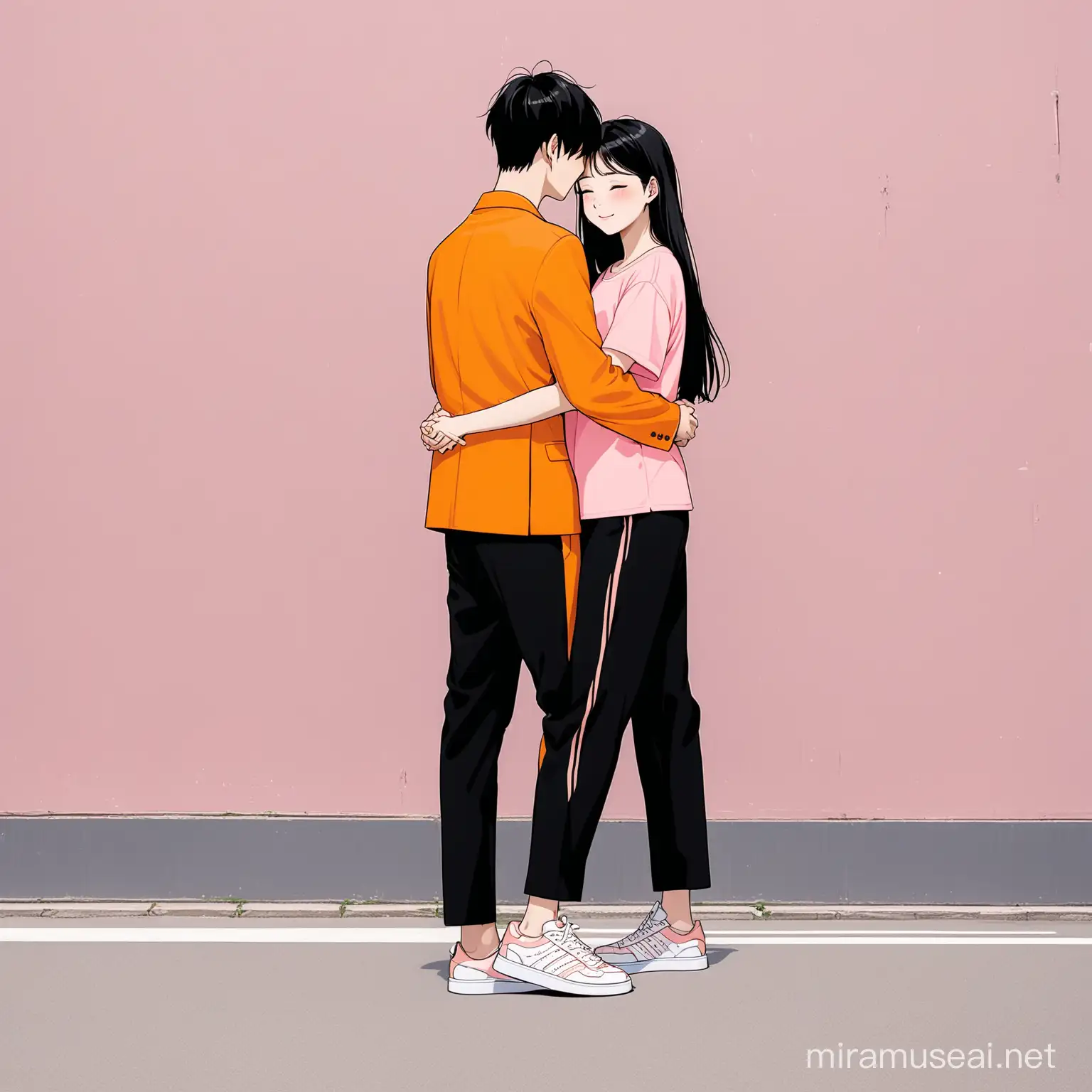 
The background is Taiwan's 'Chiufen'.

A 20-year-old man and woman are sharing romantic love.

The man is wearing an orange suit set. The shoes are black.

The woman is wearing a pink t-shirt and black long pants. The sneakers are black.