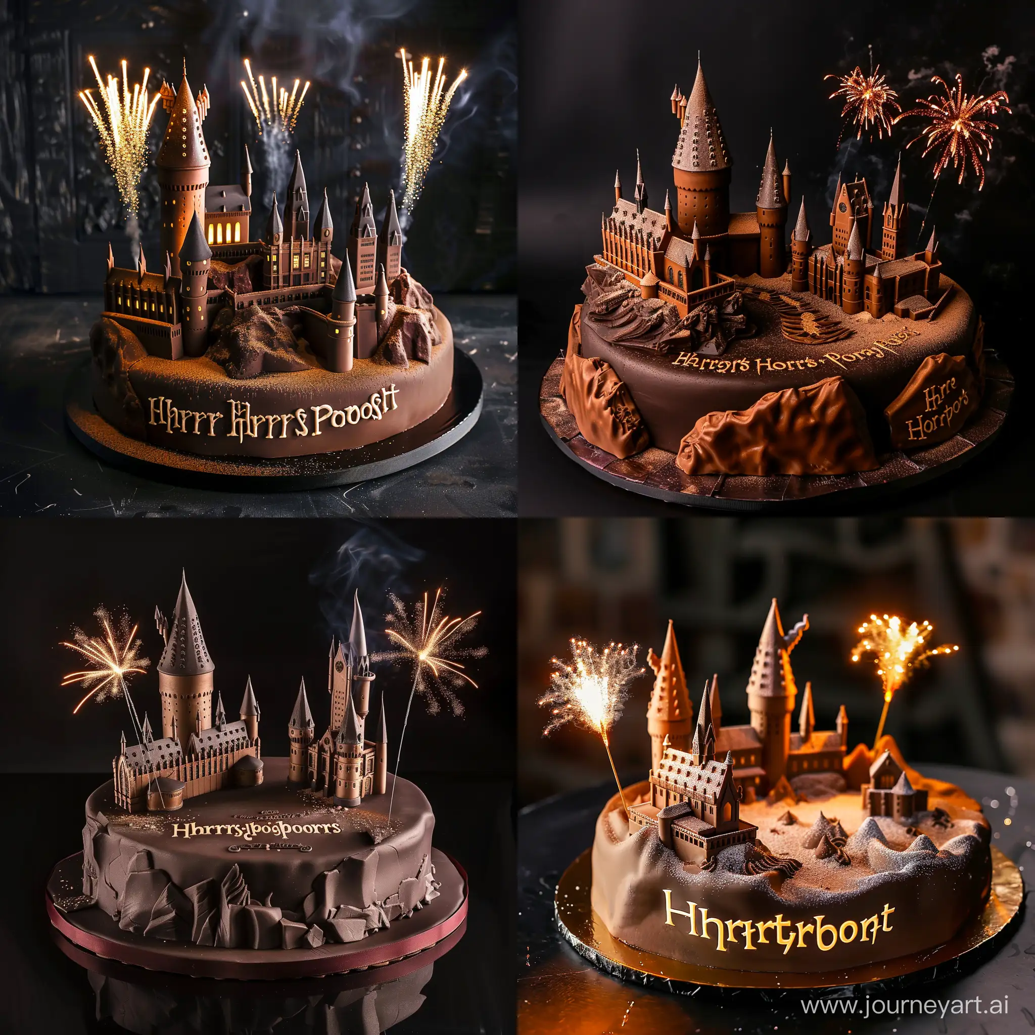 delicious chocolate magic, fairy-tale cake in the style of Harry Potter films, in the form of Hogwarts, magic, glow, harry potter inscription, illumination, fireworks