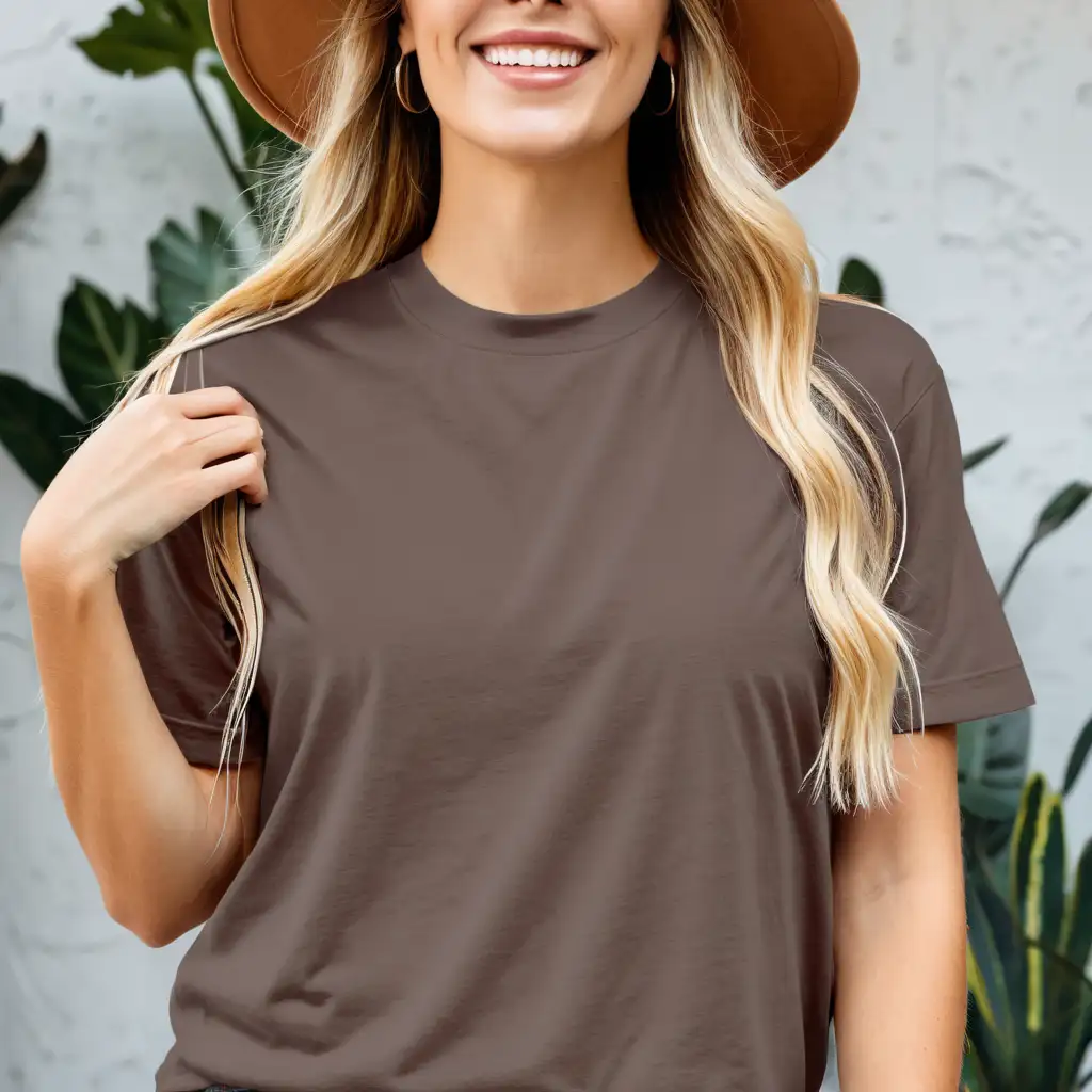 realistic blonde woman wearing comfort colors  espresso color oversized t-shirt mockup, double stiches on t-shirt neckline, soft light, boho background