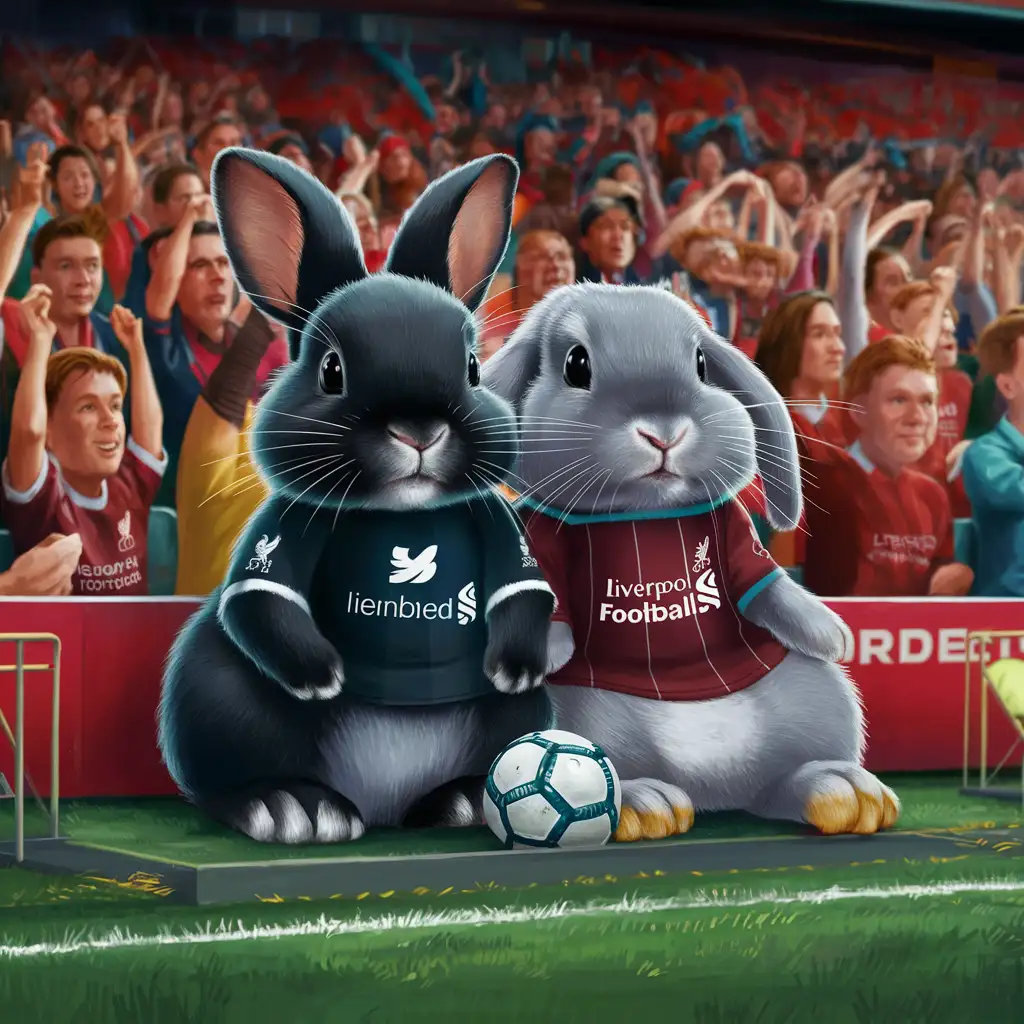 Two cute (((rabbits))), one black with a prominent white stripe running from nose to hindquarters, and a slightly larger gray rabbit with shorter, floppier ears, both sitting together in the iconic (Anfield Stadium) during a live game of soccer featuring Liverpool Football Club