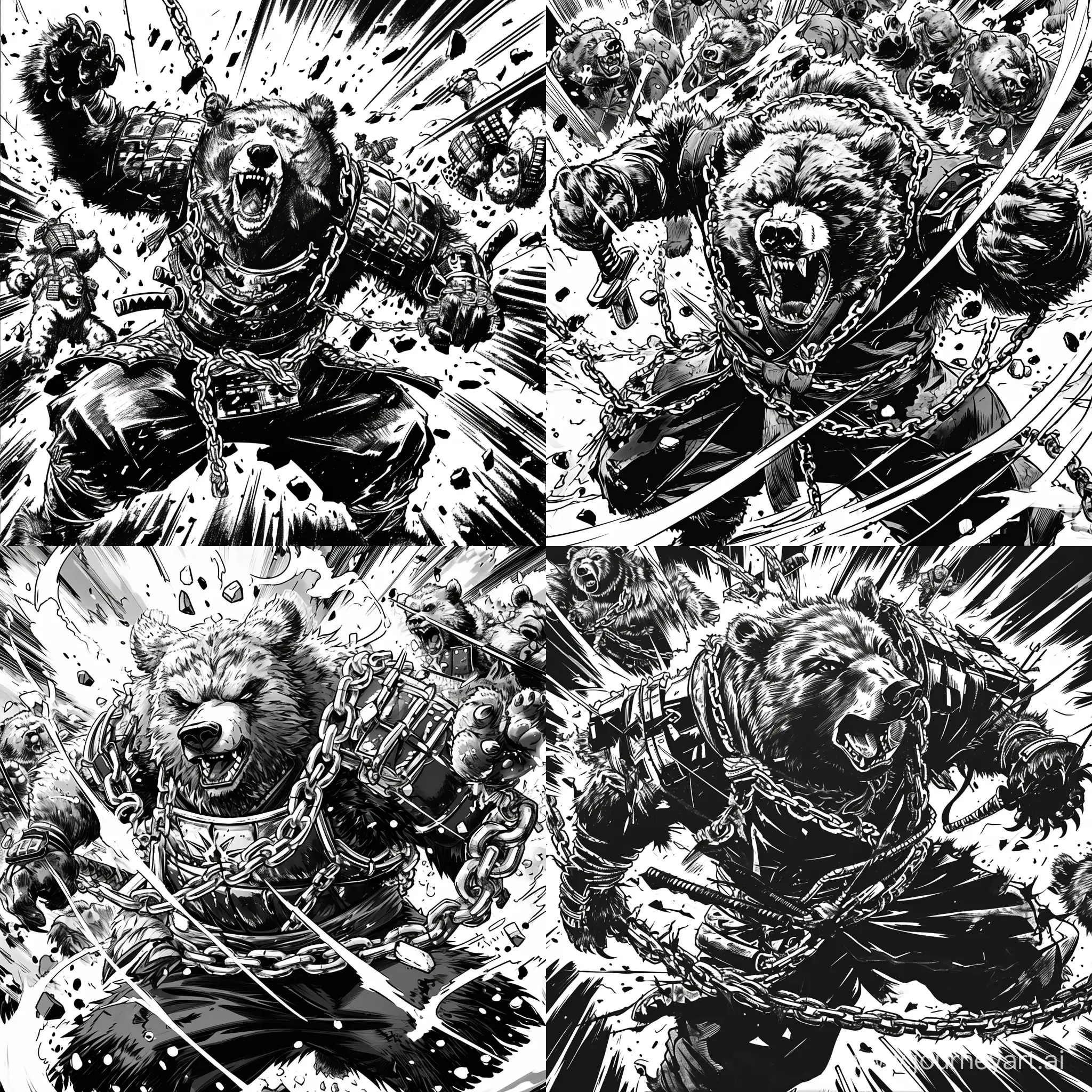 Create a dynamic black-and-white image in the style of a 90s Japanese shonen manga, showcasing an intense action scene where the central figure is a grizzly bear samurai adorned with chain armour. The bear samurai should strike a powerful pose and exemplify the classic attributes of samurai warriors, such as strength and honor. The background should be filled with other bear characters in the midst of combat, enhancing the feeling of movement and drama. The artwork should feature intricate and stylized linework, sharp contrasts, and dynamic manga-style action effects like speed lines and emotive intensity, capturing the distinct shonen manga style of the 90s.

