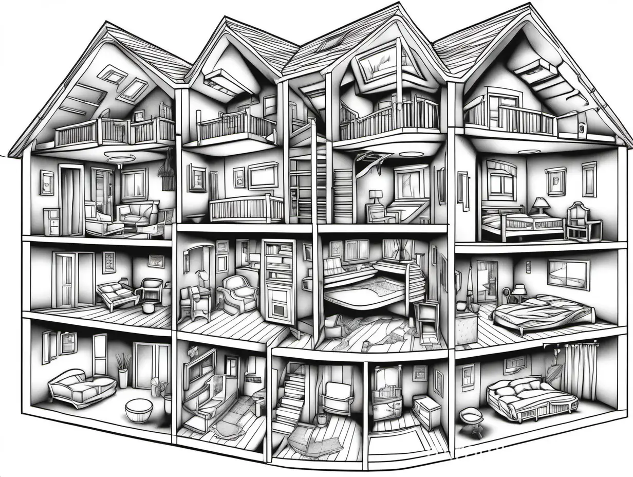 contoured lines, clipart of a cross-sectioned house, with many rooms, and many floors, no color