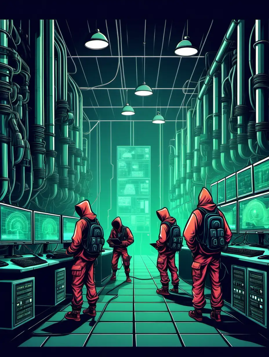 hackers in recon phase of a powerplant, cartoon style, tech color palette