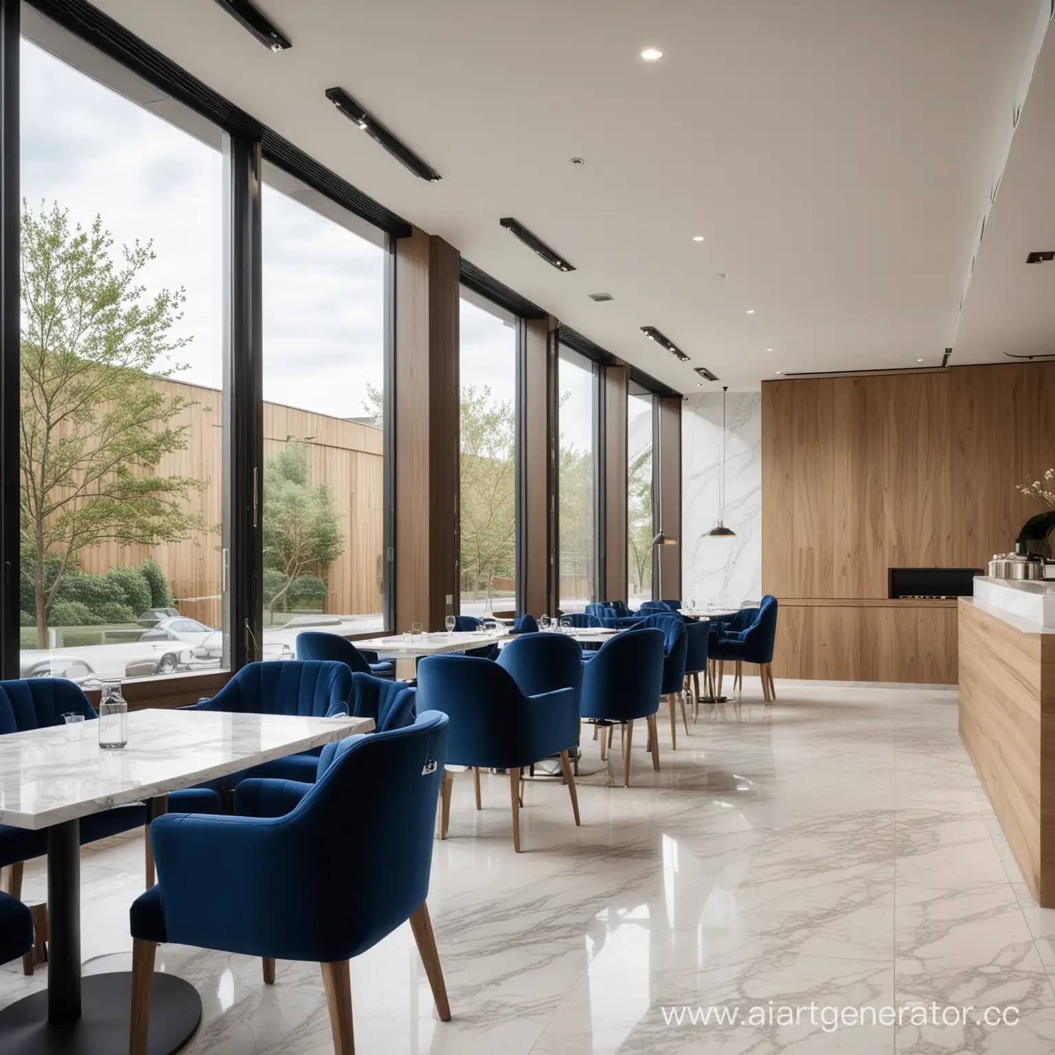 Modern-Minimalist-Restaurant-Interior-with-Dark-Blue-Velvet-Armchairs