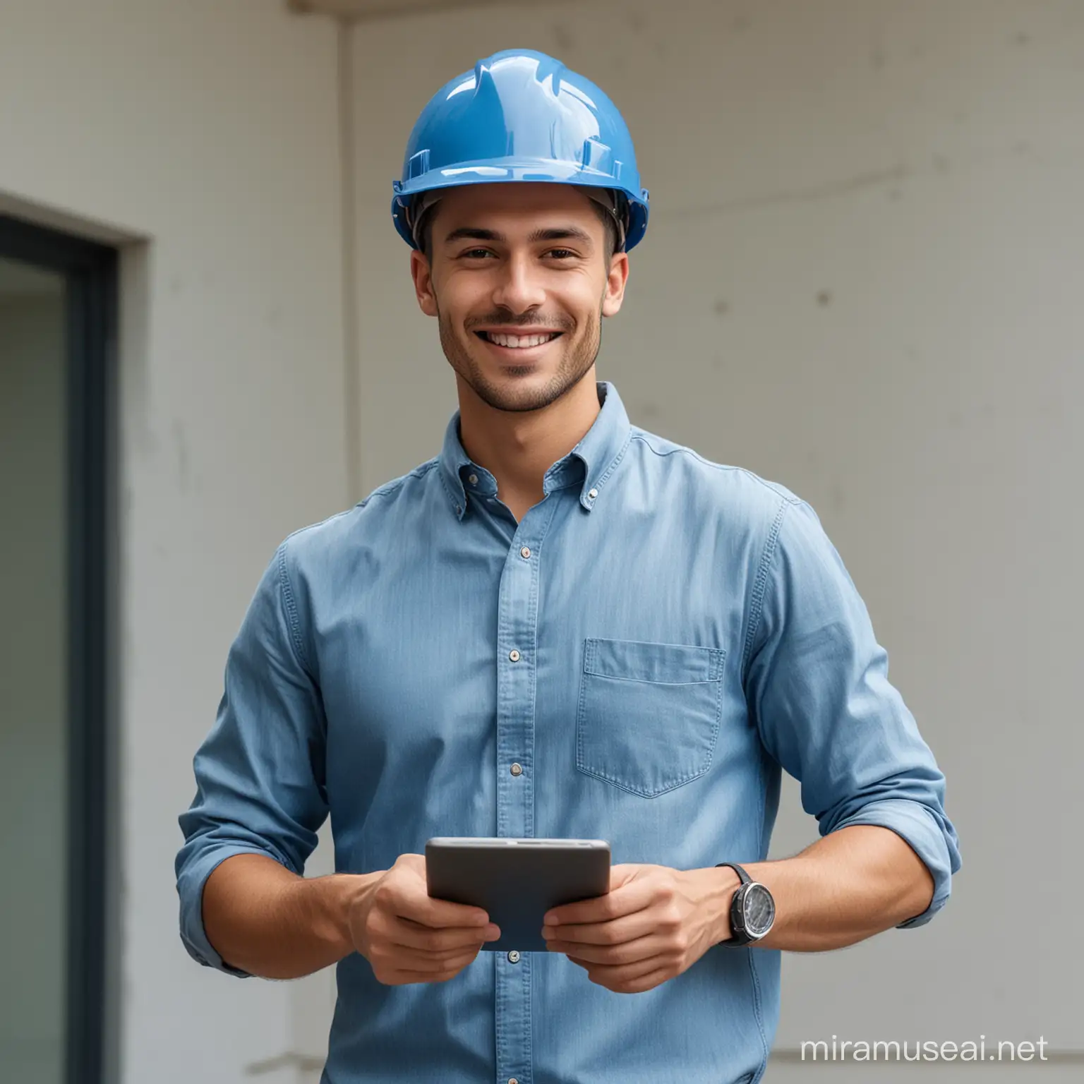 Young Man in Blue Shirt and Safety Helmet Using Tablet Outdoors