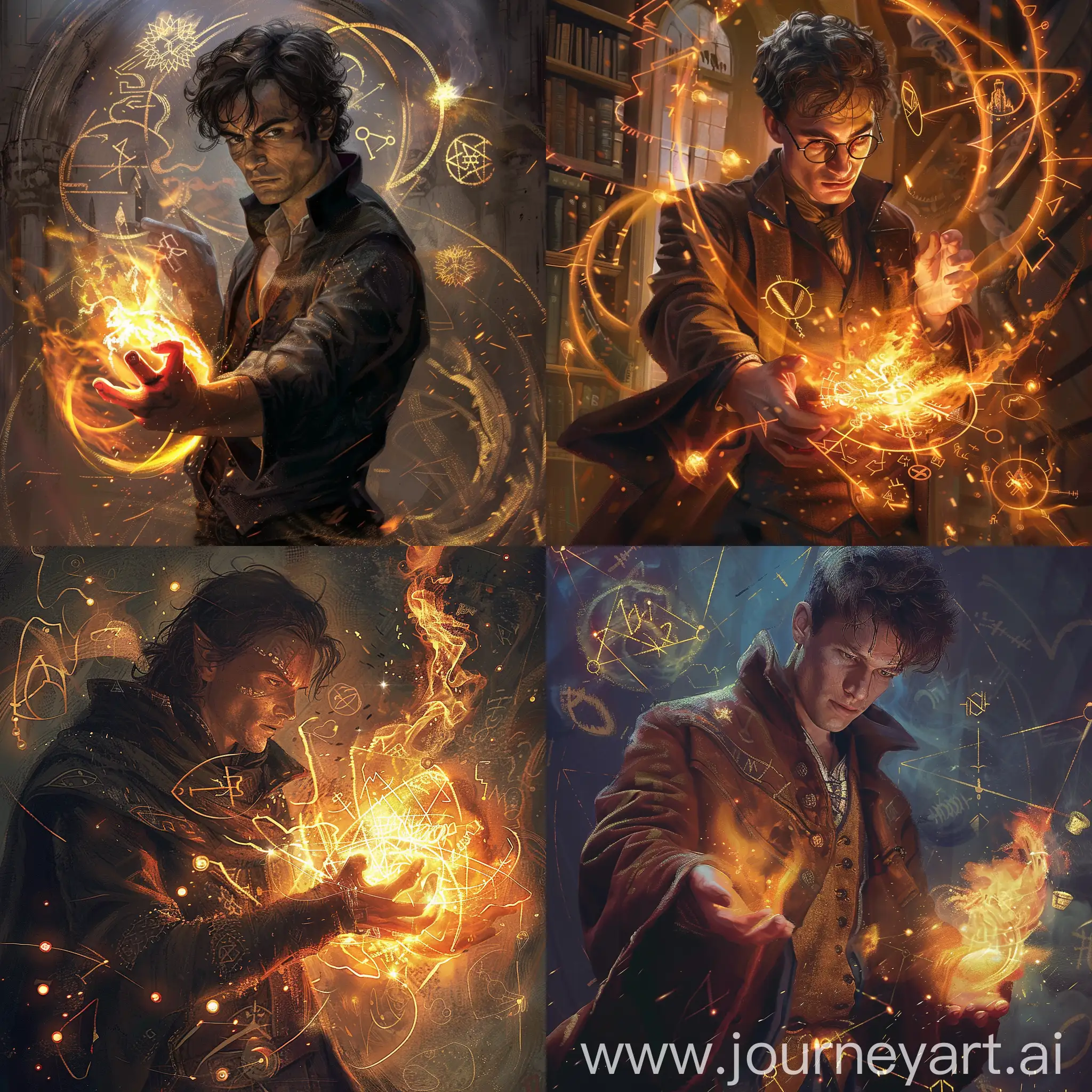 harry dresden doing fire magic with complex glyphs and runes