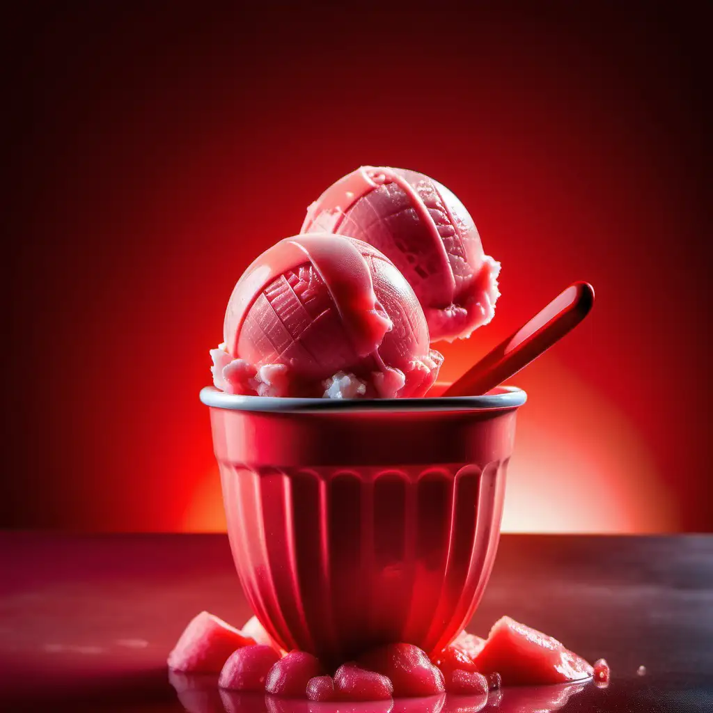 Creamy Red Italian Ice Scoops in a Cup with Dramatic Lighting