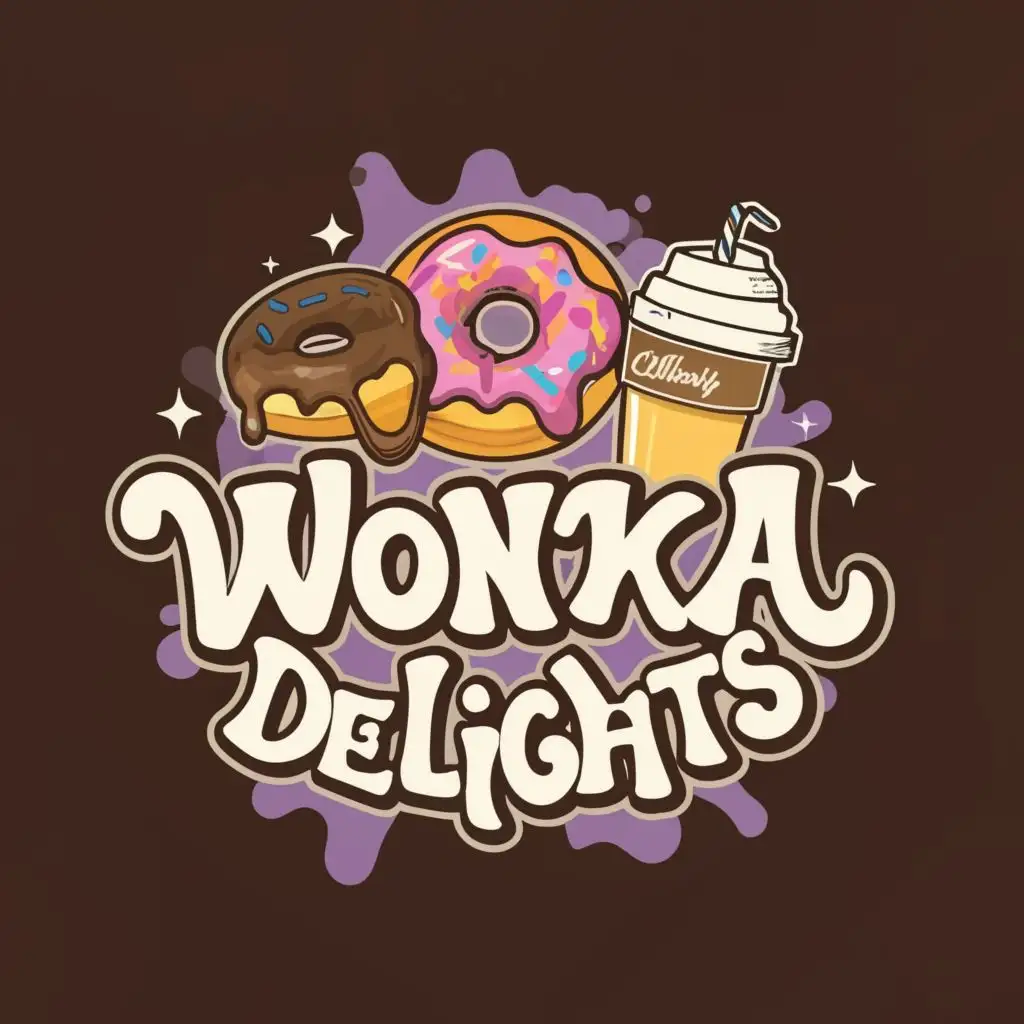 logo, Donut, Chocolate , ice coffee
, with the text "Wonka Delights", typography, be used in Restaurant industry