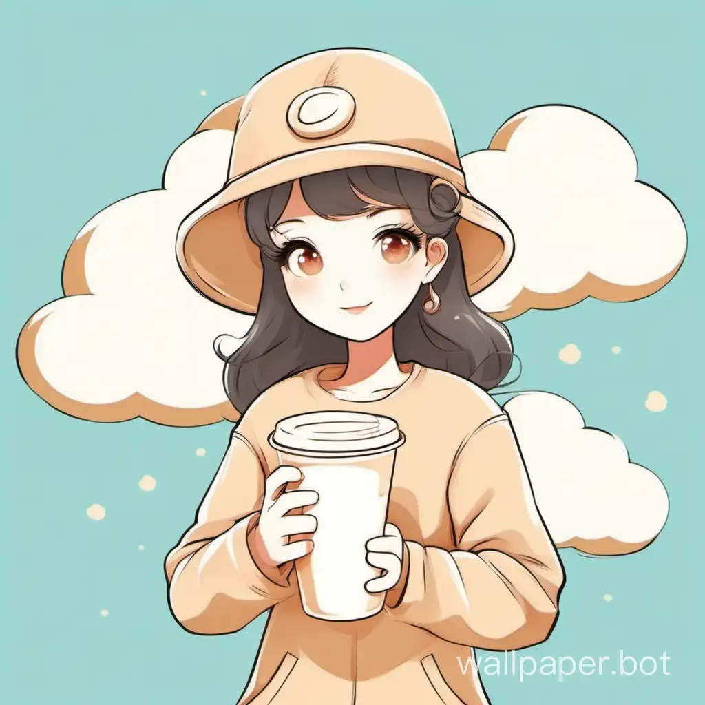 The background is white, the character is a cartoon girl, holding a milk tea cup, wearing a hat in the shape of a cloud, the style should be illustration cartoon type.