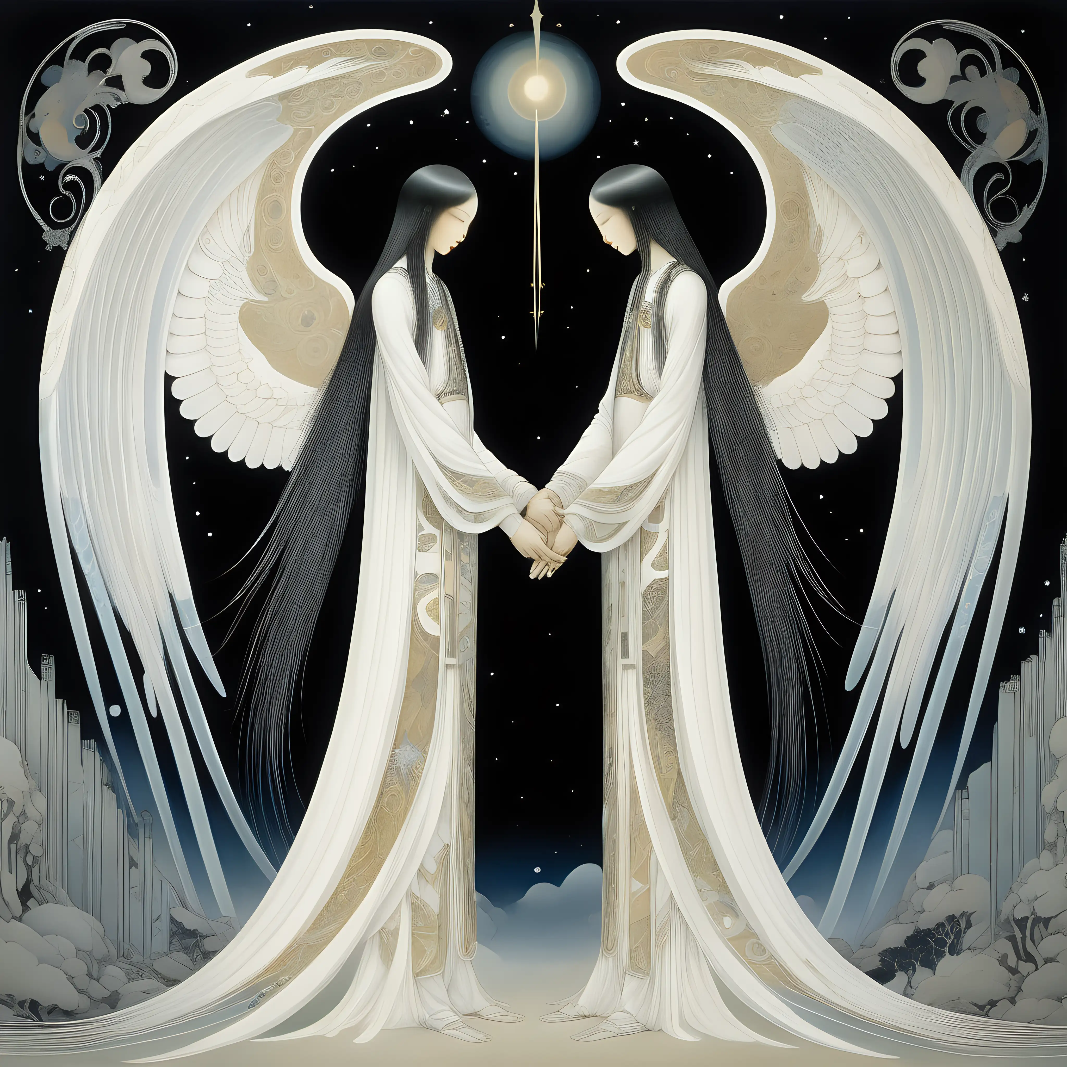 futuristic painting in kay nielsen style of two angels of asian race, male and female with long hair, holding hands
