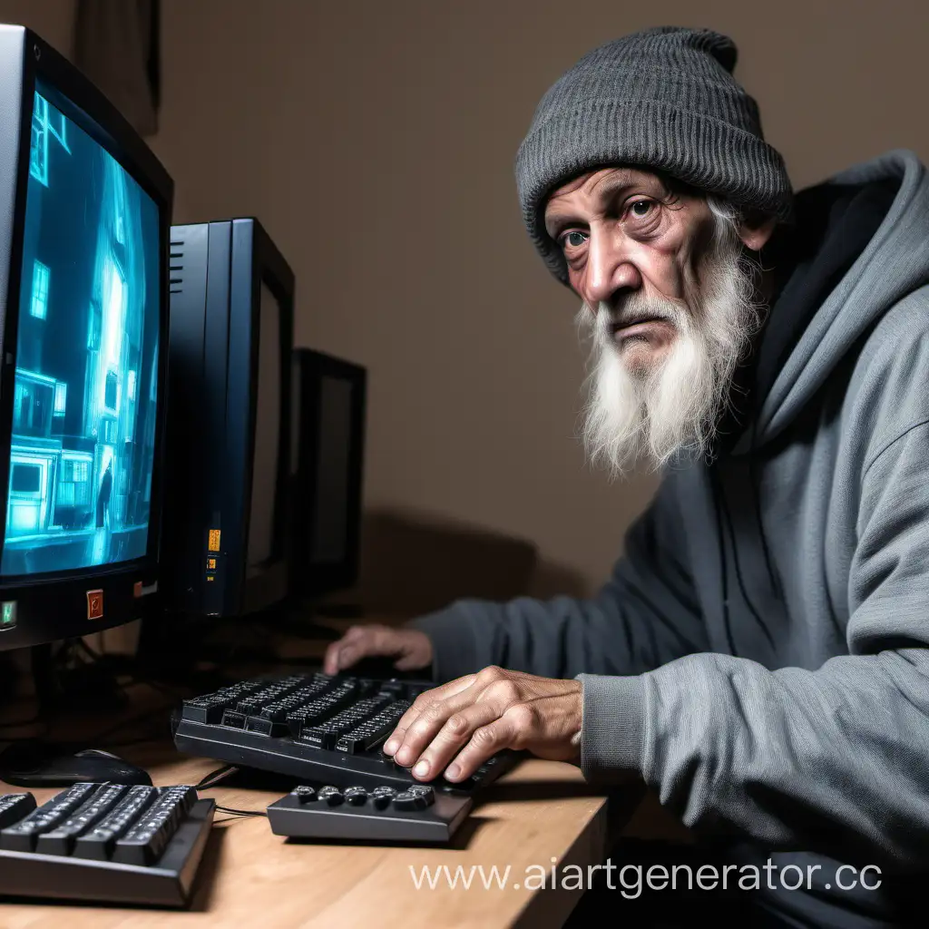Человек играет в компьютерные игры, у него дома бомжатник и компьютер древний
