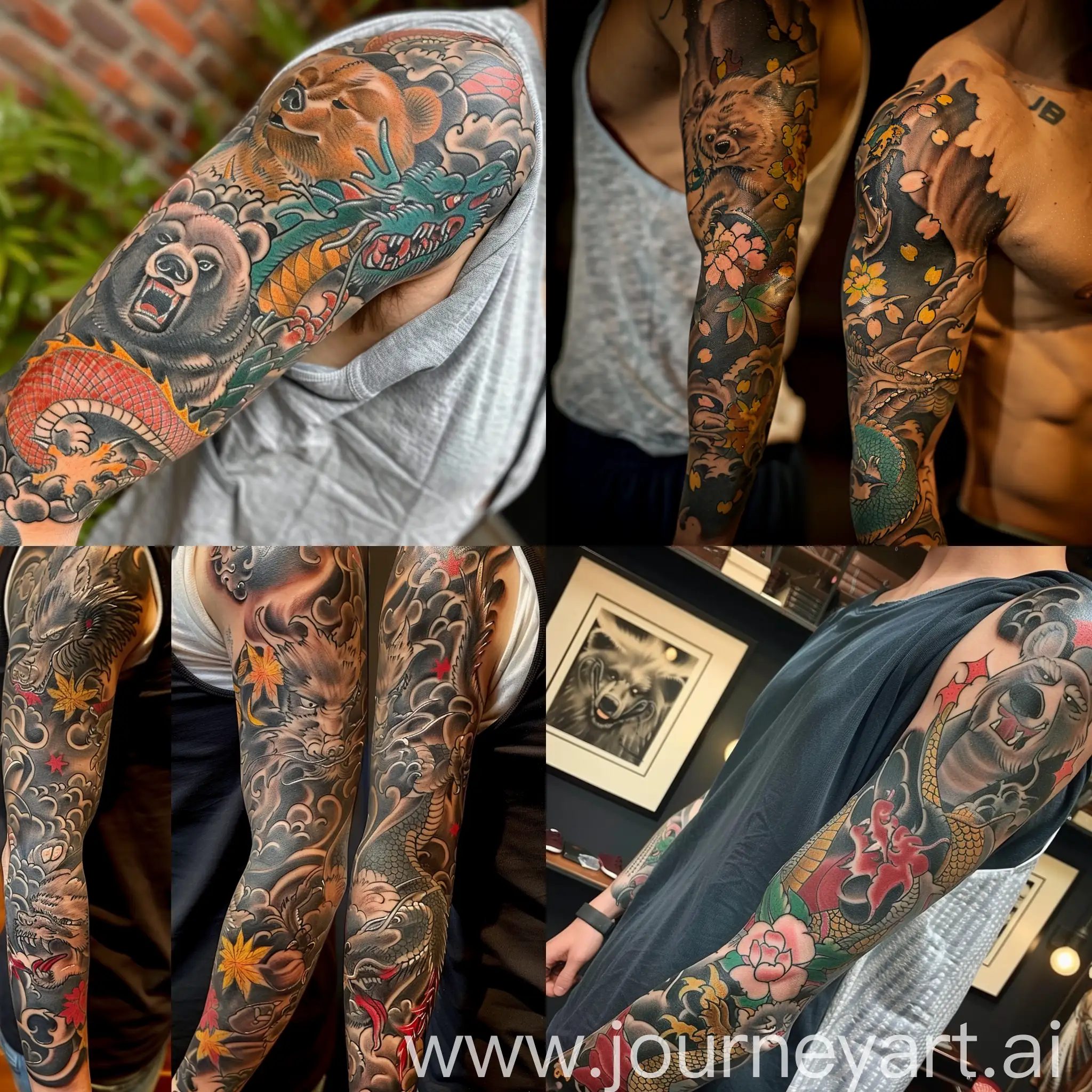 Japanese-Style-Tattoo-Sleeve-Bear-and-Dragon-Imagery