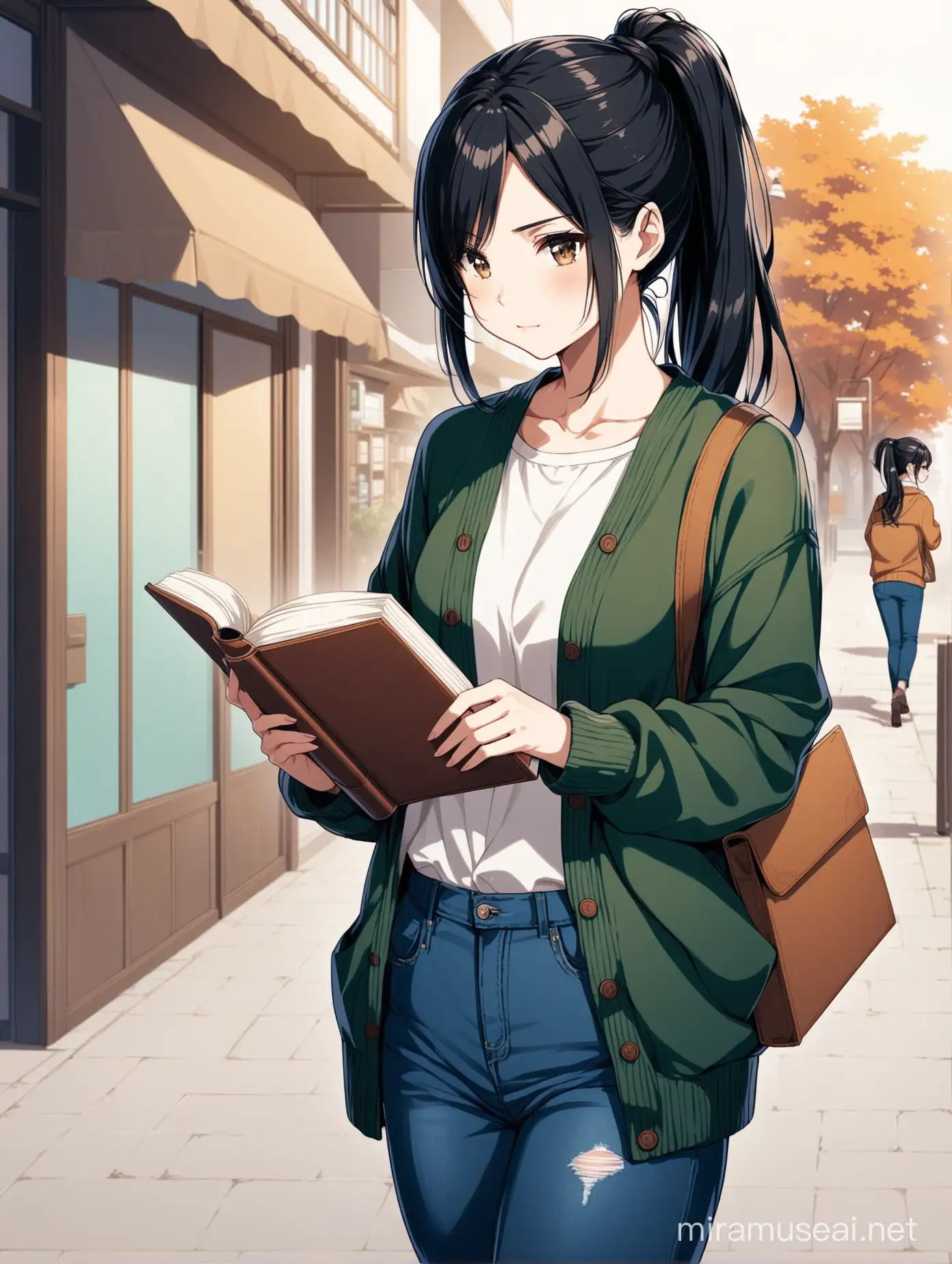 Una mujer estilo anime de cabello negro recogido en una cola, con jeans oscuros y cárdigan, con un libro en la mano y un café en la otra 