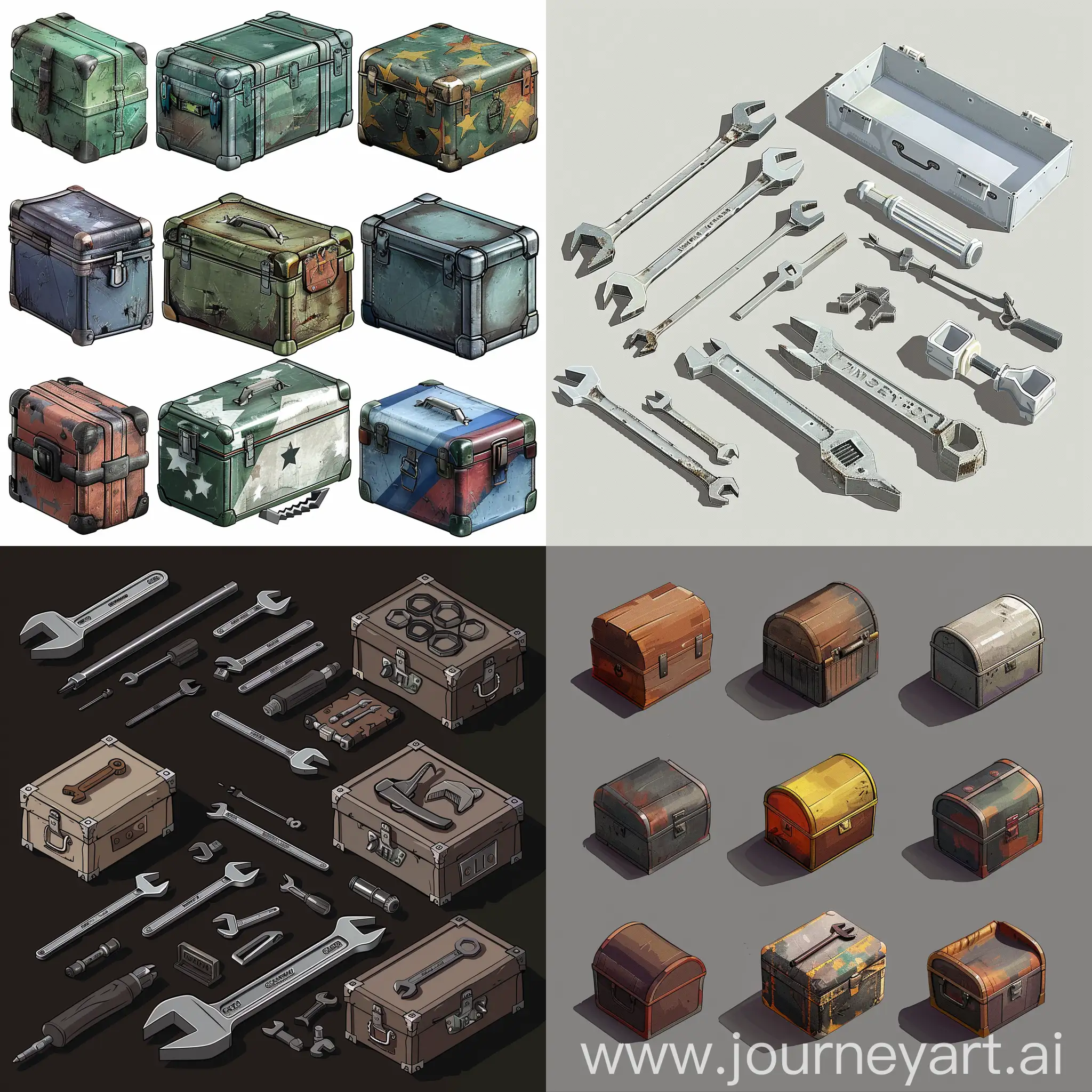 sprite sheet of isometric set of realistic old worn repair tool kit instruments simple metal boxes in style of made in blender 3d asset, isemetric set, orthographic projection --chaos 20