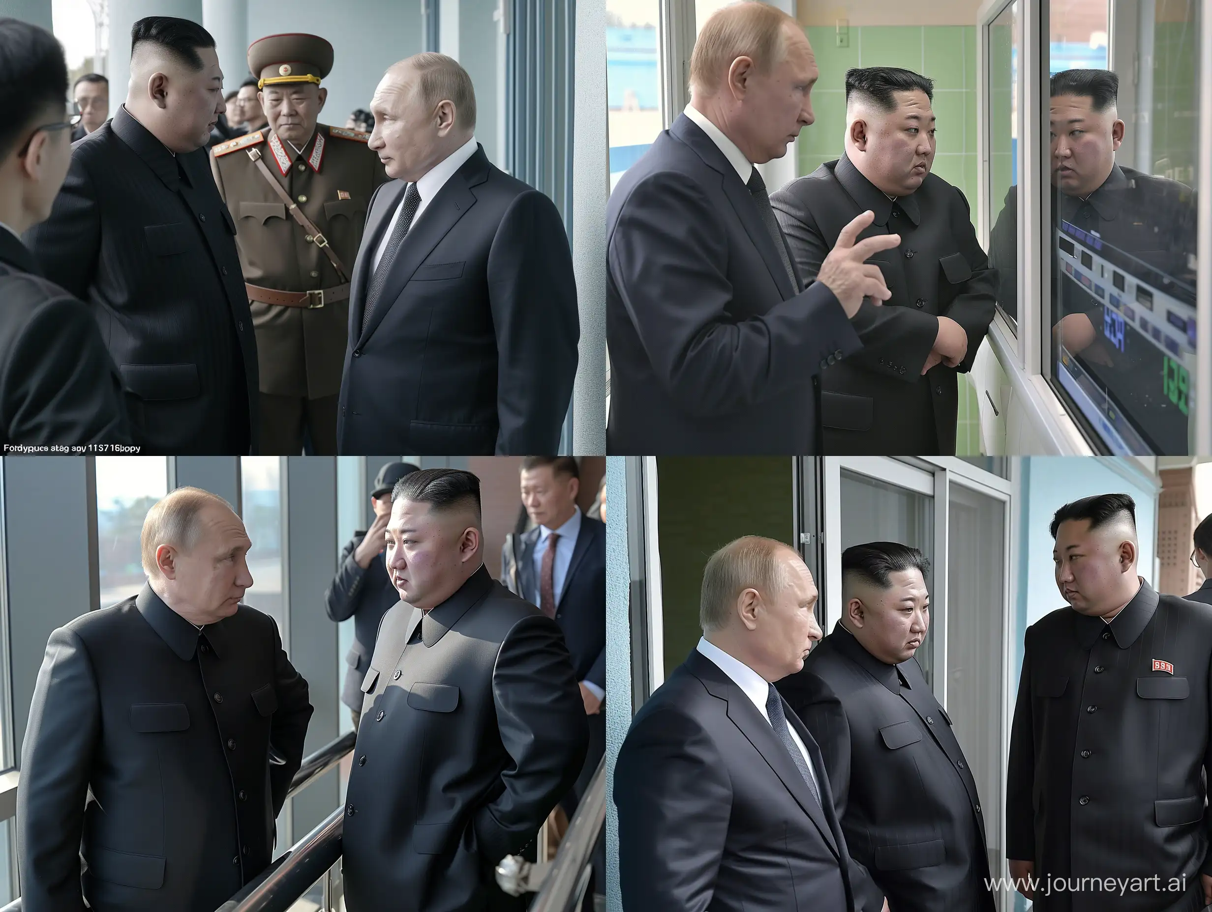 a raw photo capturing putin with kim jong  , daytime, natural lighting, indoors, there looking at weaopns,