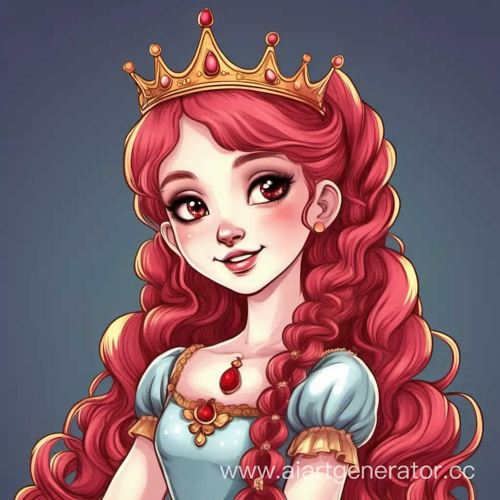 The girl with pomegranate hair with two pigtails and brown eyes dressed in a Princess dress with pale skin, a haughty look, kind and smiling with a crown