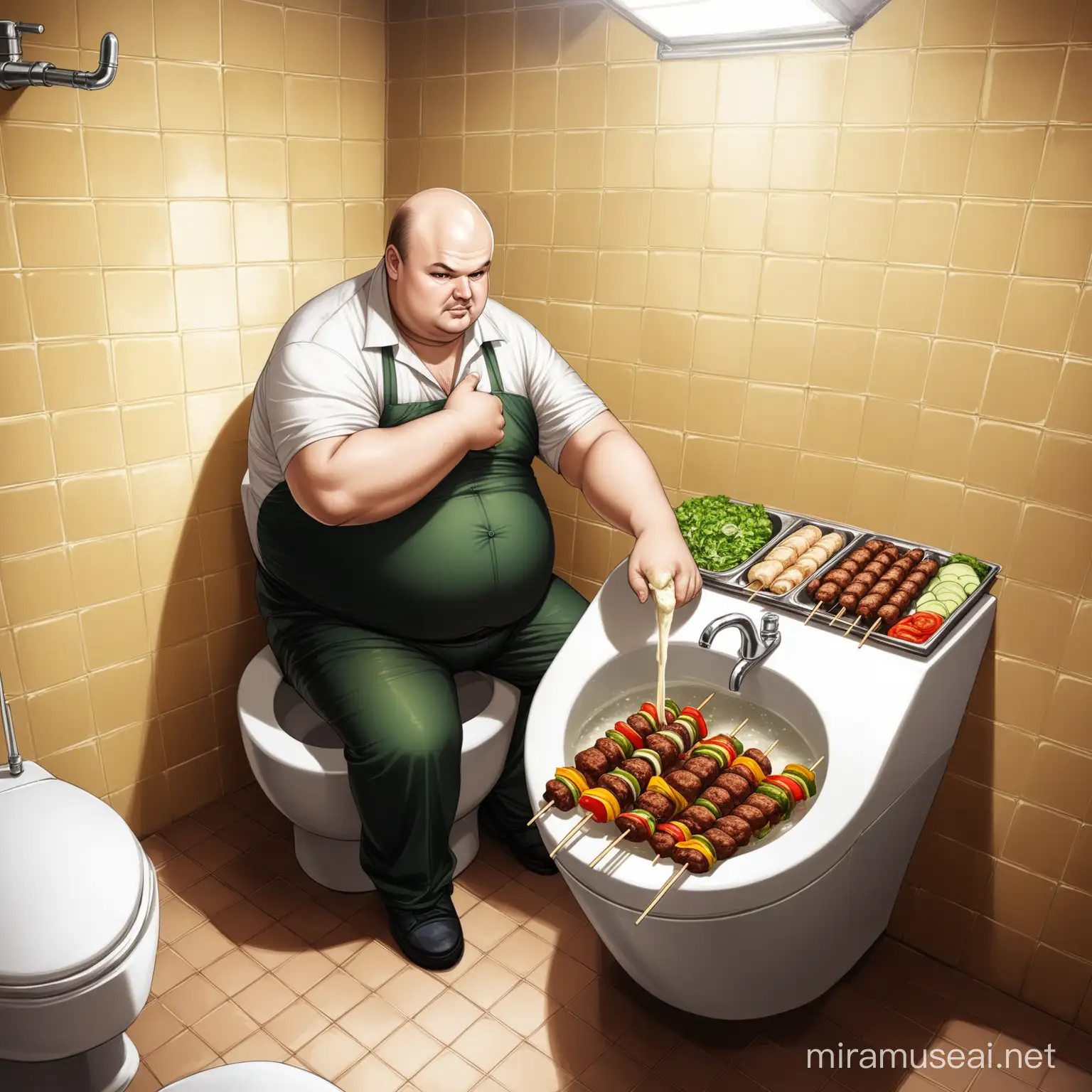 balding, overweight slavic man, selling kebabs at Luko's Kebabs, sitting on toilet and washing vegetables in tap over the cistern