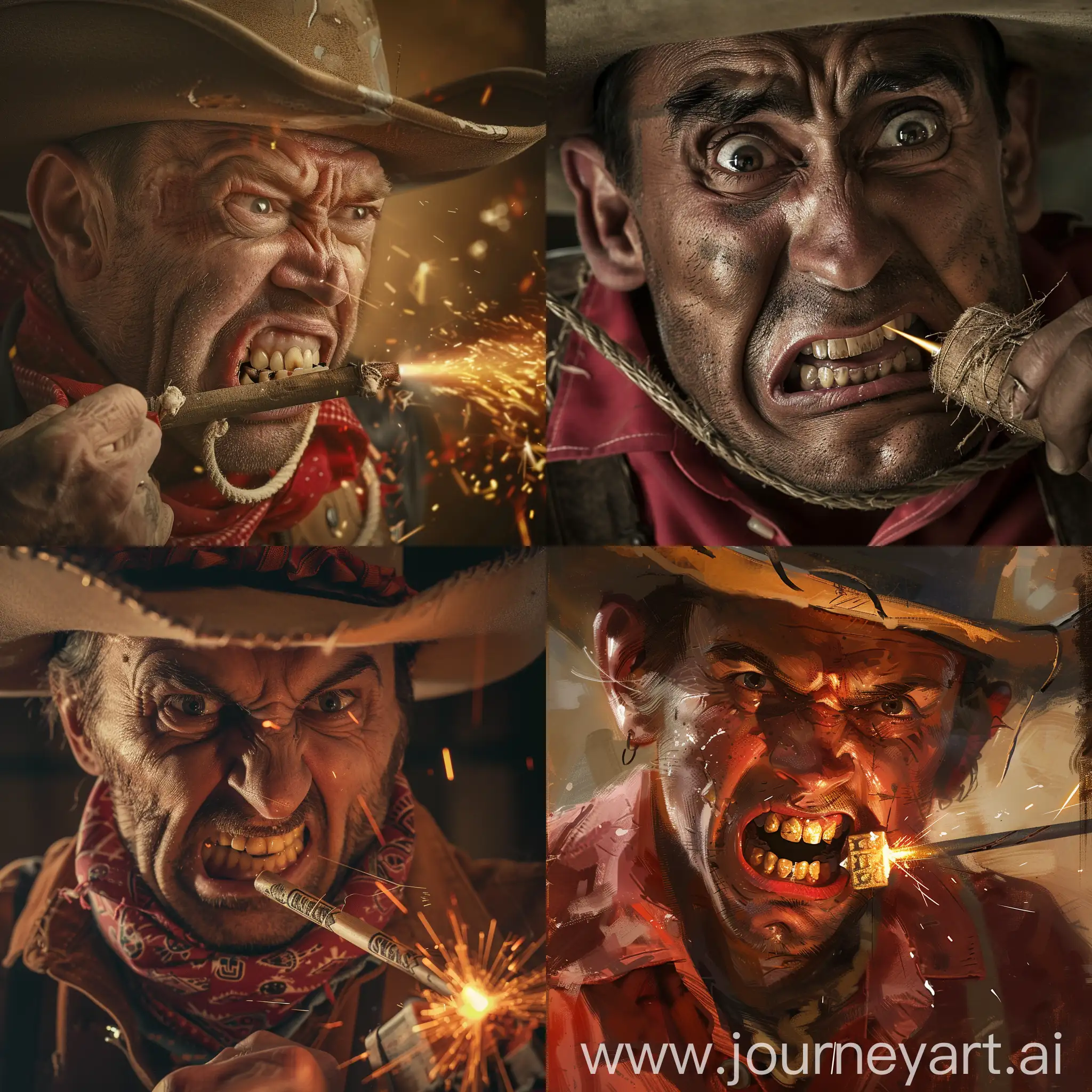 closeup portrait of a worried cowboy with clenched teeth biting a stick of dynamite while lighting the fuse