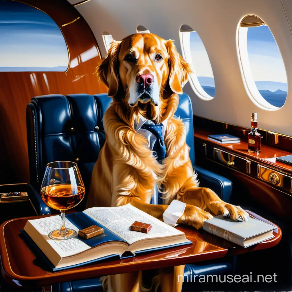 oil painting of a golden reverter on a private jet with a glass of bourbon and a book