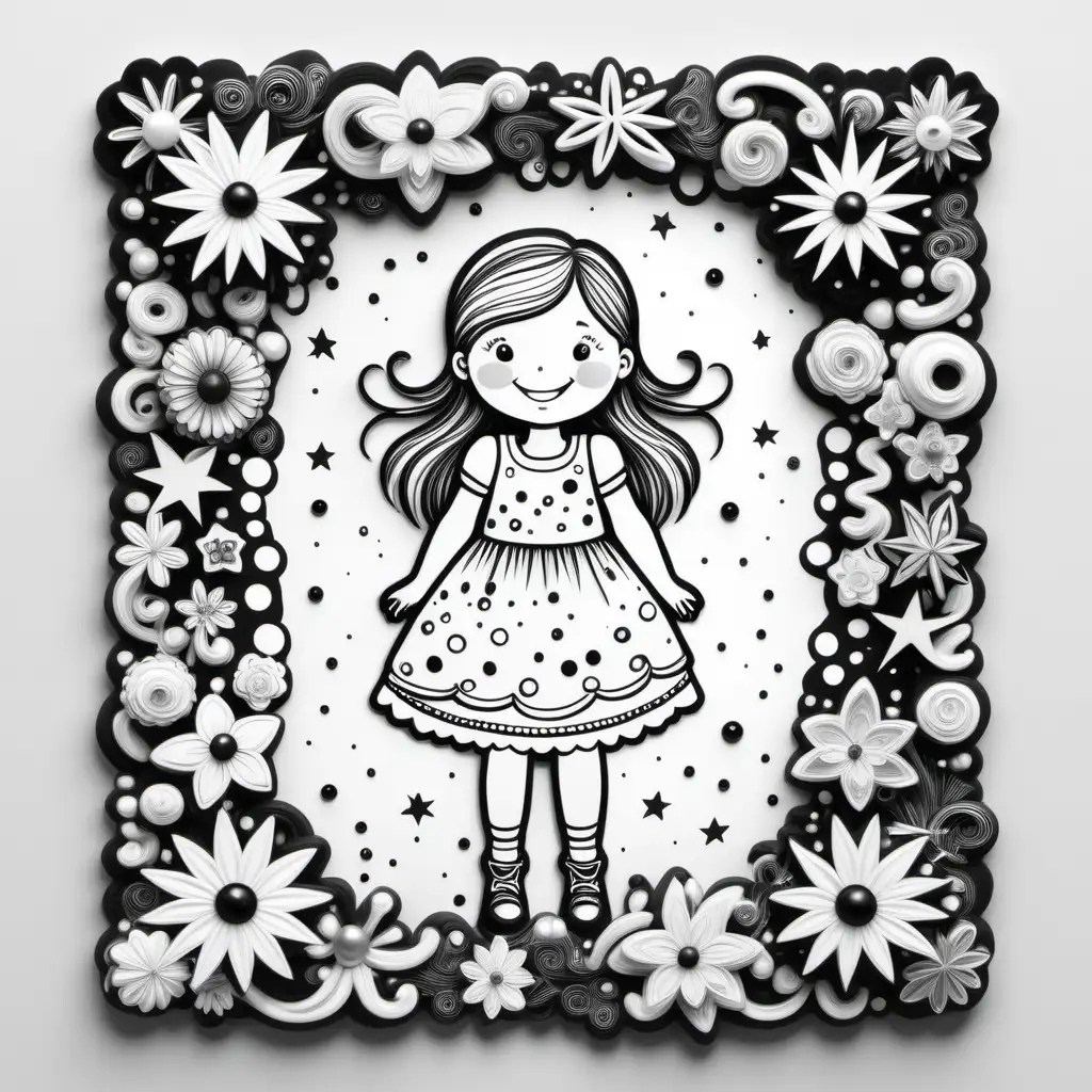 "Create a whimsical and black and white 
border only  design featuring their favorite , girl , sparking joy and creativity 
 

