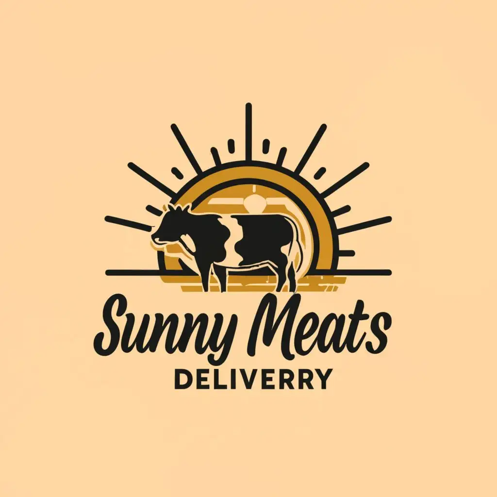 logo, Sun in shape of Australia with cow shadow in front, with the text "Sunny Meats Delivery", typography