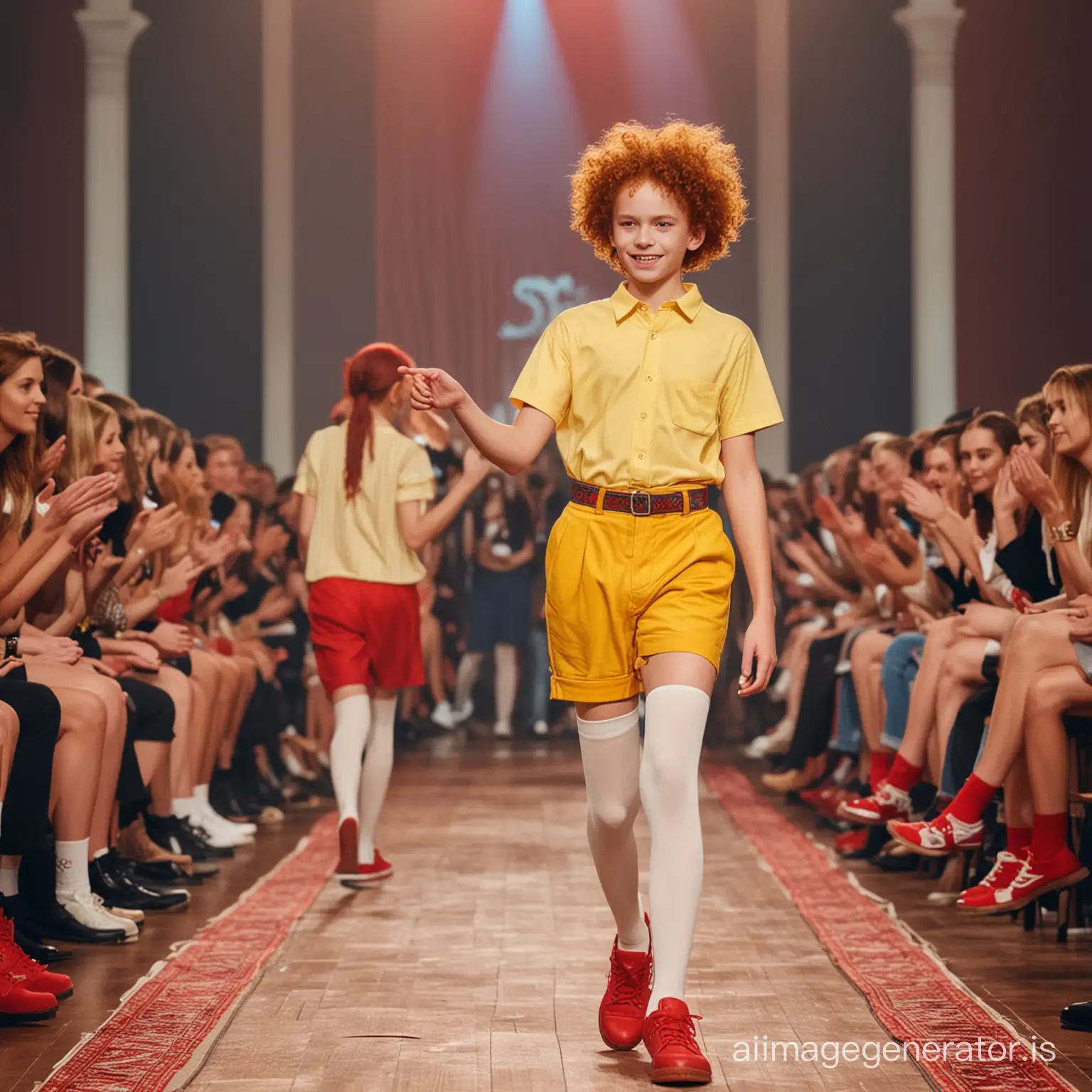 High-quality photo of a 13-year-old boy, red curly hair, yellow short-sleeved shirt, very short yellow cropped shorts with a red belt, orange very long knee-high socks, red sneakers. He walks down the red velvet model runway at a fashion show. On both sides of the podium, 13-year-old boys in white shirts, blue short vests and very short blue shorts, long white knee-high socks, even-numbered shoes are sitting on rows of red armchairs, rejoicing and applauding the models. Colorful glowing decorations hang on the walls of the hall, the atmosphere is very festive., photo