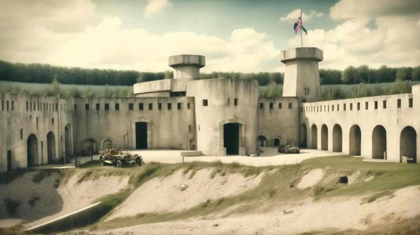 World war one fort, verdun, with realistic buildings, vintage style and retro look,