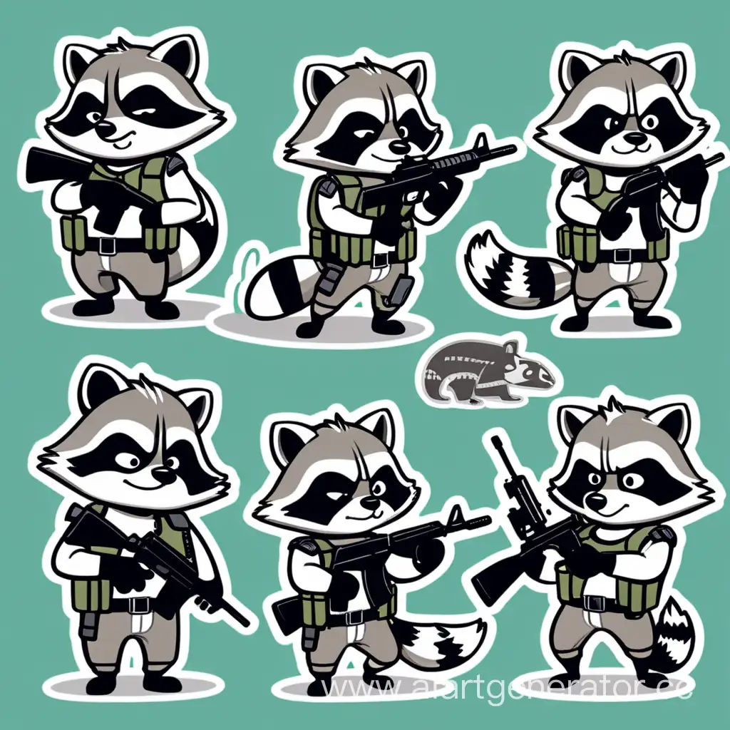 Cartoon-Raccoon-Stickers-Expressive-Poses-in-Body-Armor-with-Rifle