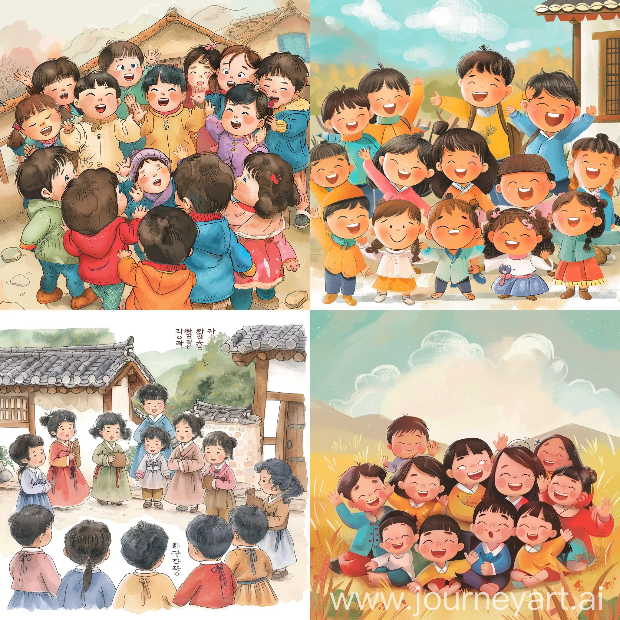 a children's storybook image with korea children gathered together and being positive
