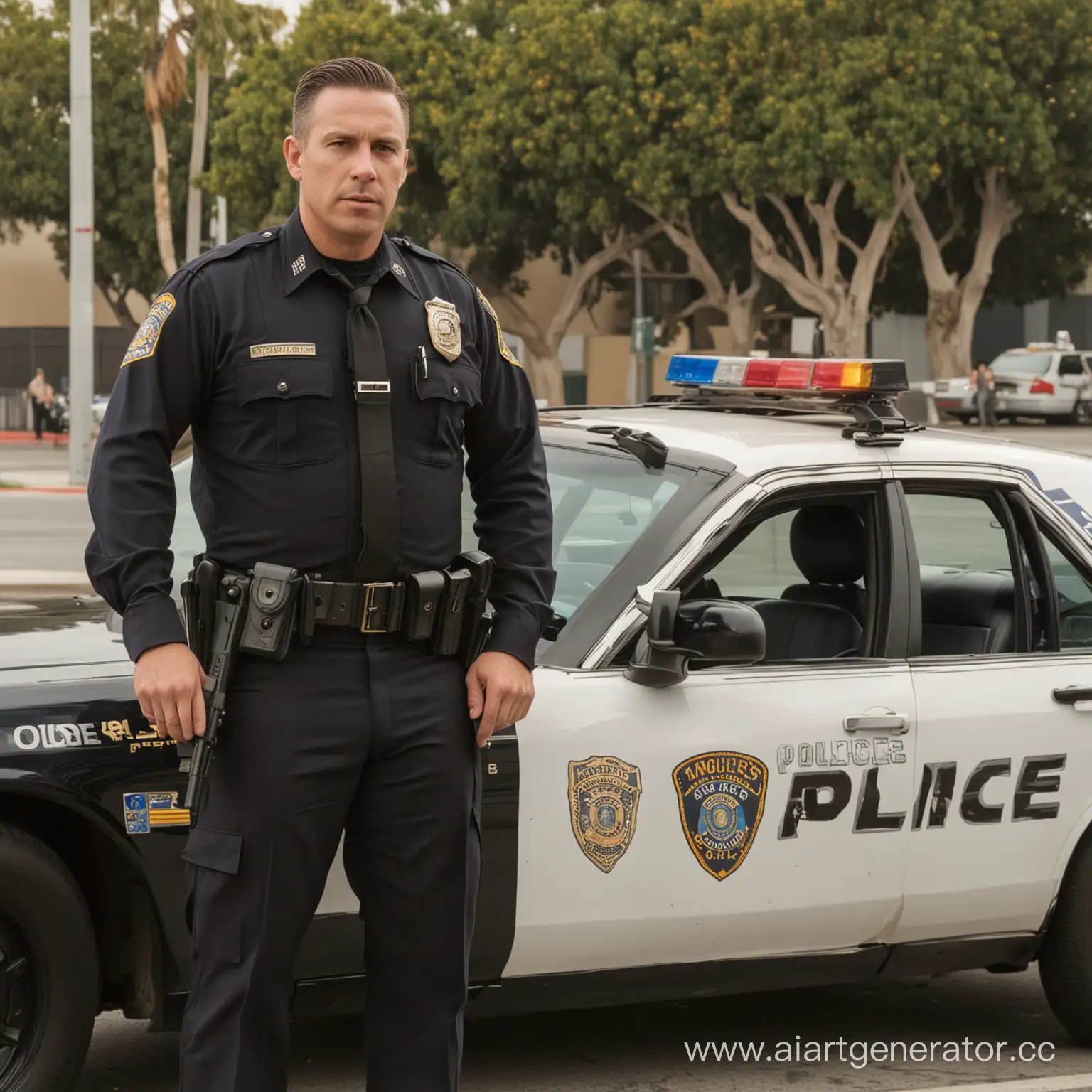 Los-Angeles-Police-Officer-Standing-Beside-Patrol-Car