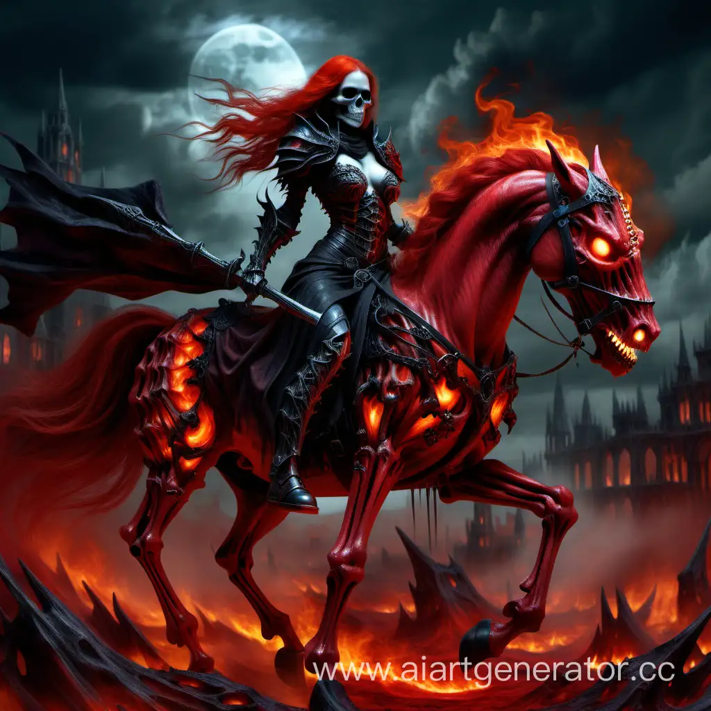 Death knight woman on a red fiery skeletal horse fantasy